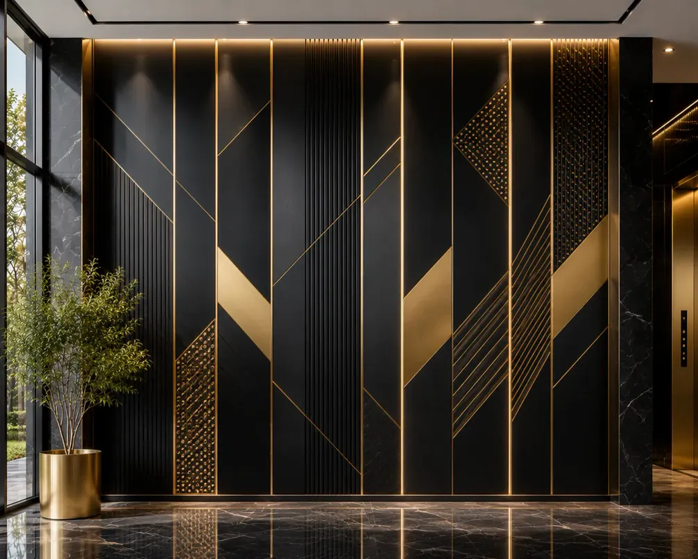 Black wall cladding panel with a gold PVD-coated geometric inlay