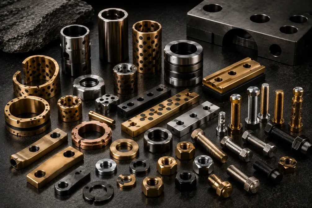 Machined components in gold, bronze, black and bare steel finishes laid out together on a dark surface