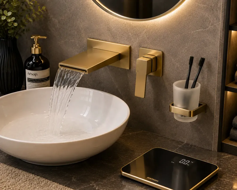 Gold PVD-coated wall-mounted basin mixer running water into a round white basin