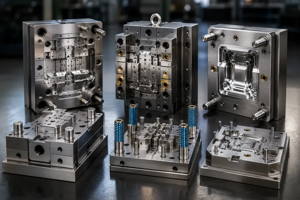 Precision mould tooling and fixtured components on a workshop bench before coating