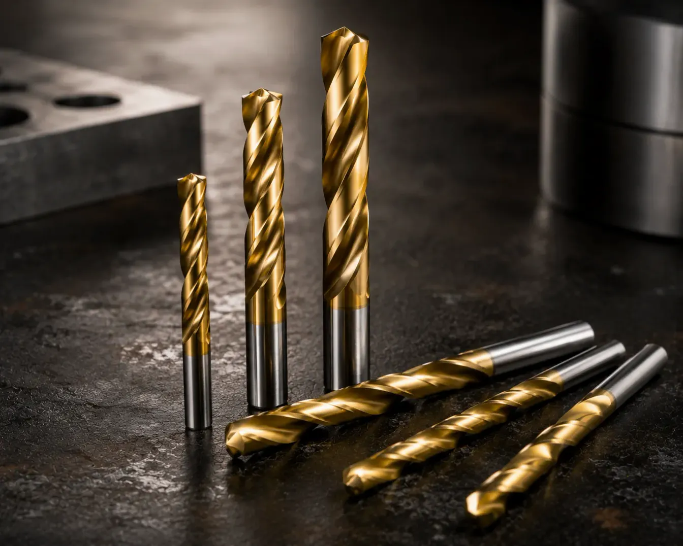 Gold titanium-nitride coated drill bits on a dark workshop surface, their uncoated steel shanks still visible