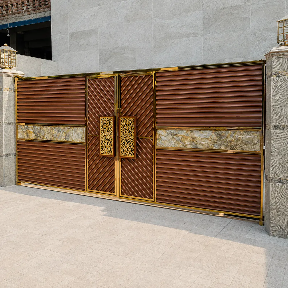 Installed entrance gate with copper-toned panels set in a gold PVD-coated stainless steel frame