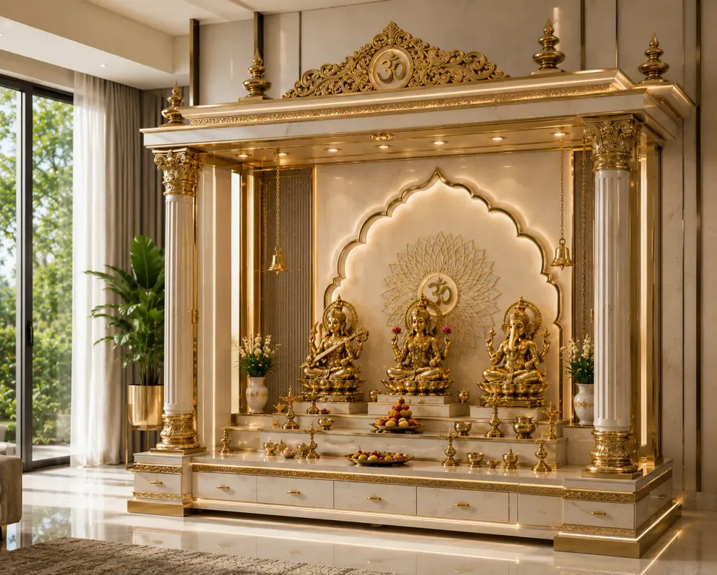 Gold PVD-coated home temple with carved columns and an arched backdrop in a sunlit room