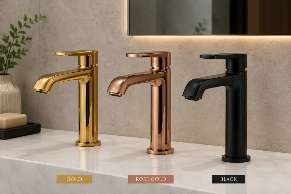 Three identical basin mixers in gold, rose gold and black PVD finishes on a marble counter