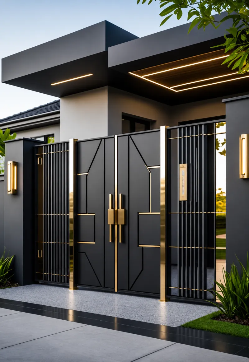 Black metal gate with gold-finished handles