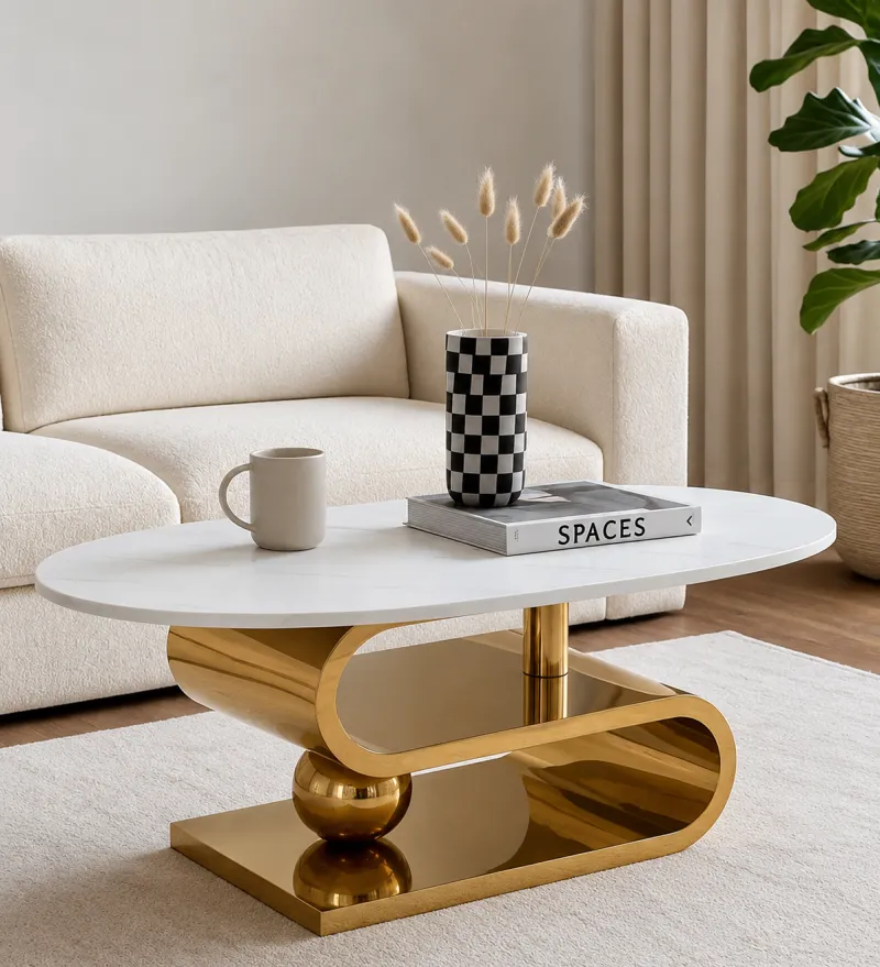 Living lounge with a gold-finished marble coffee table