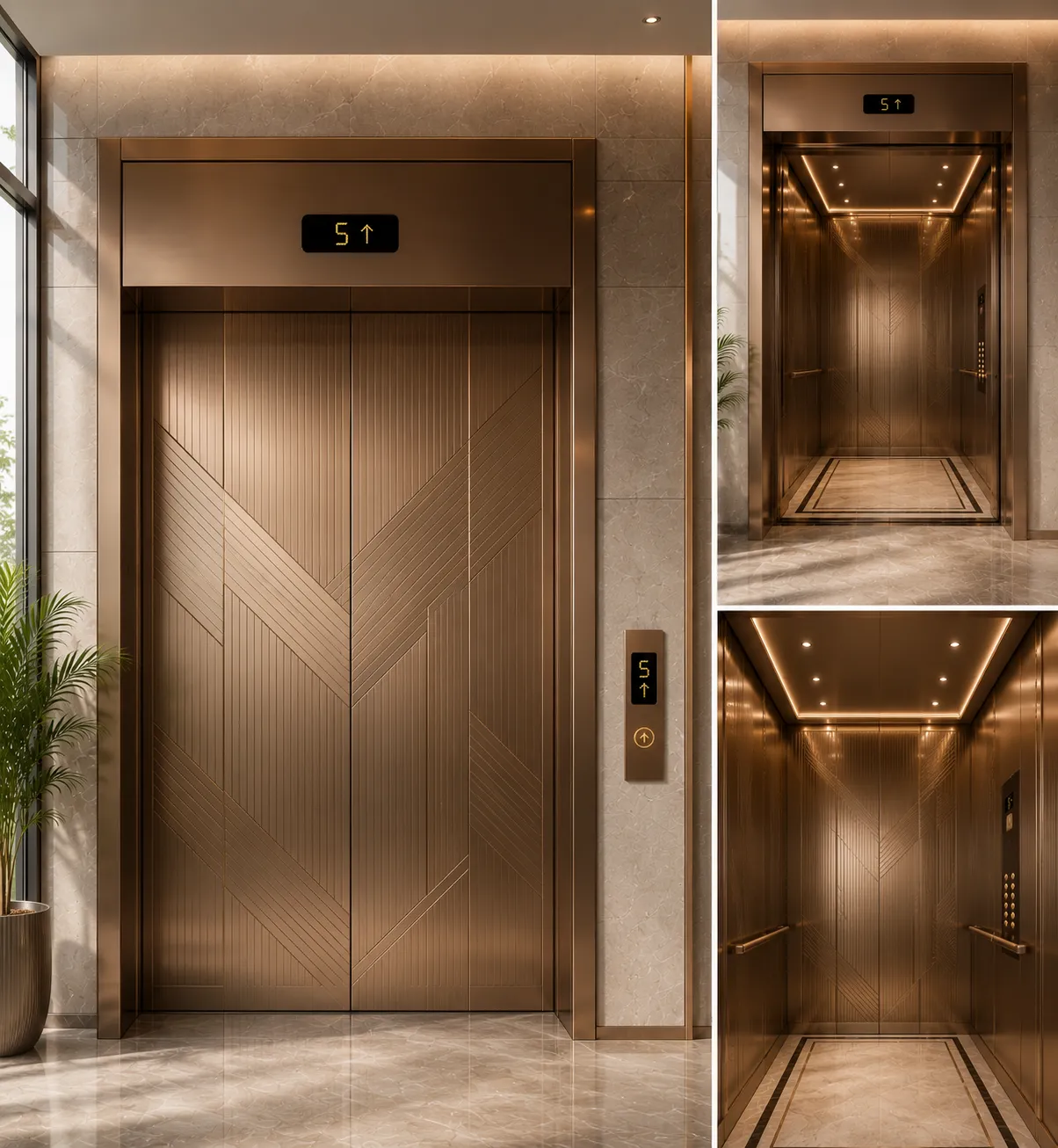 Elevator interior clad in bronze PVD-coated panels