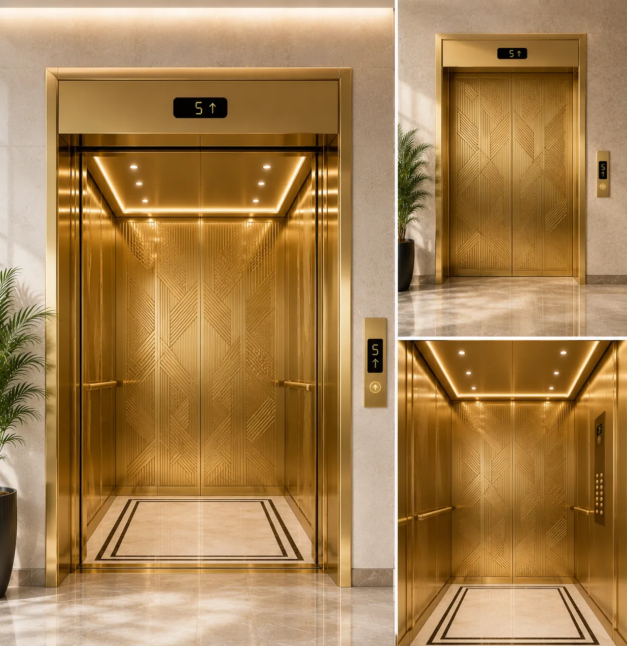 Lift interior clad in gold PVD-coated stainless steel panels