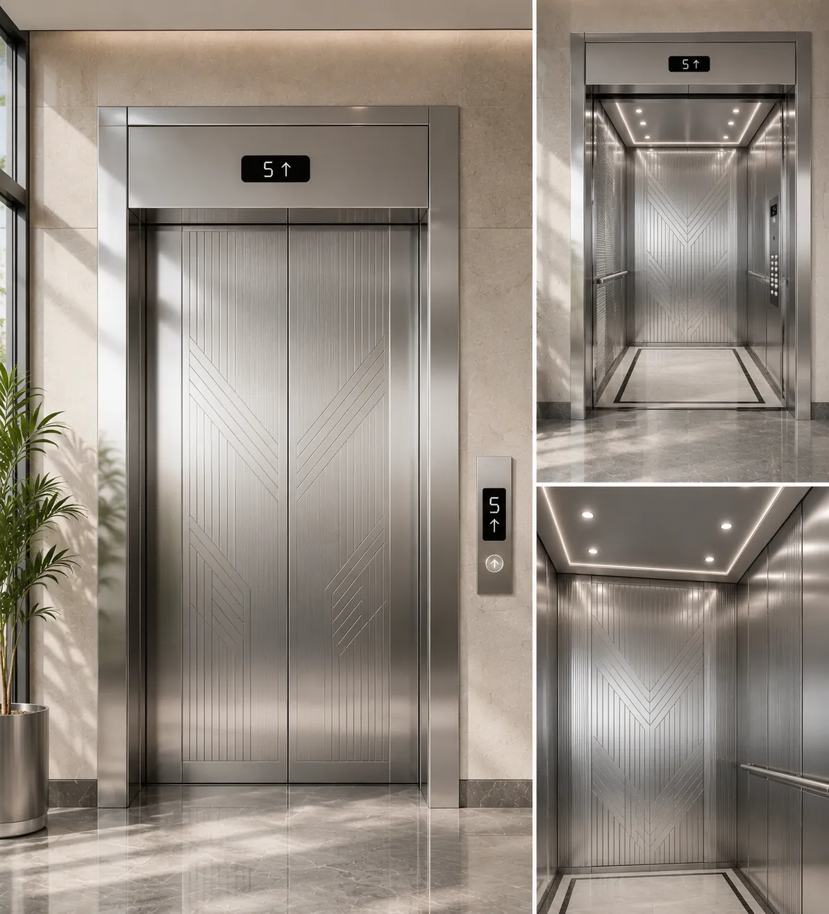 Elevator interior clad in nickel PVD-coated panels