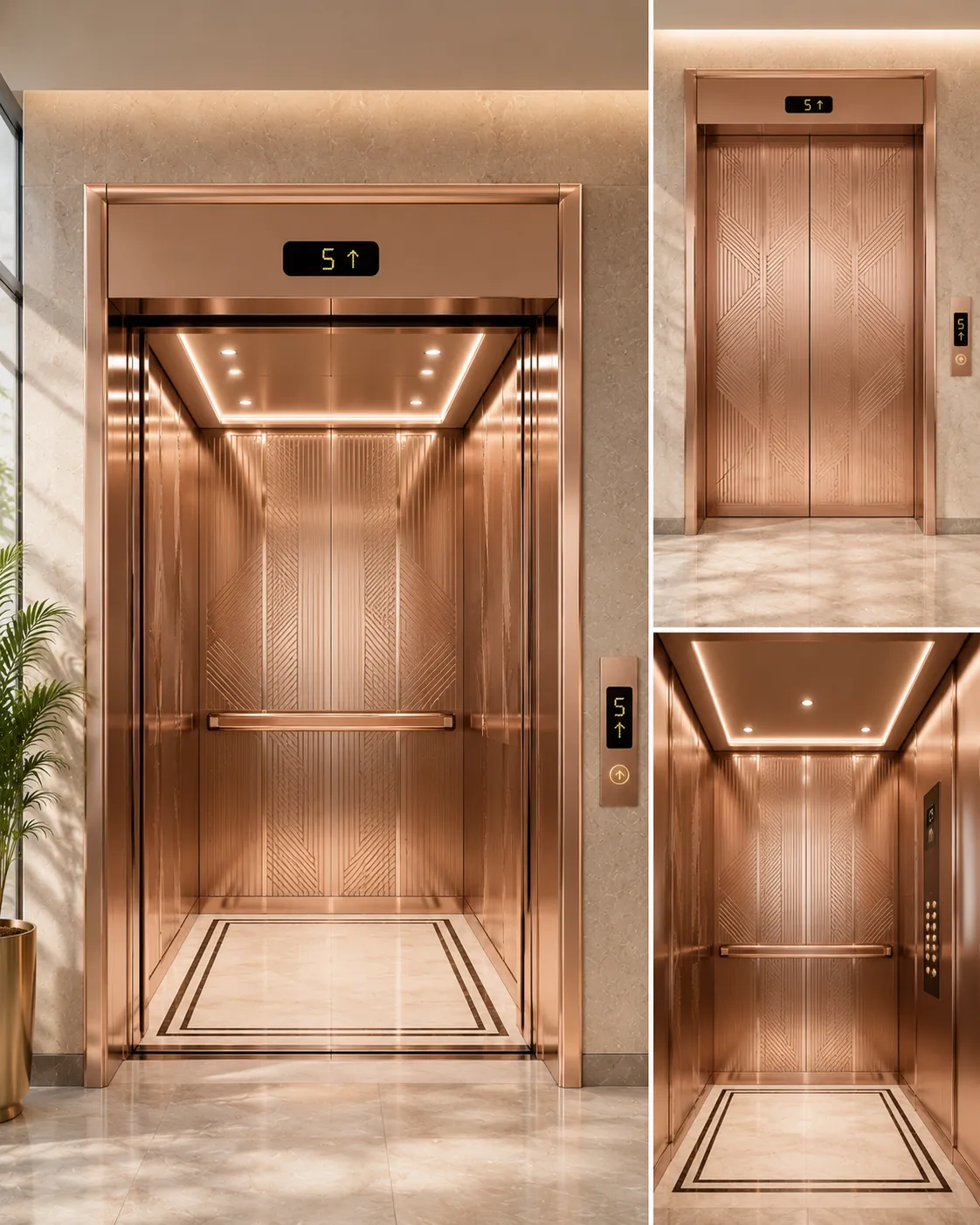 Elevator interior clad in rose-gold PVD-coated panels