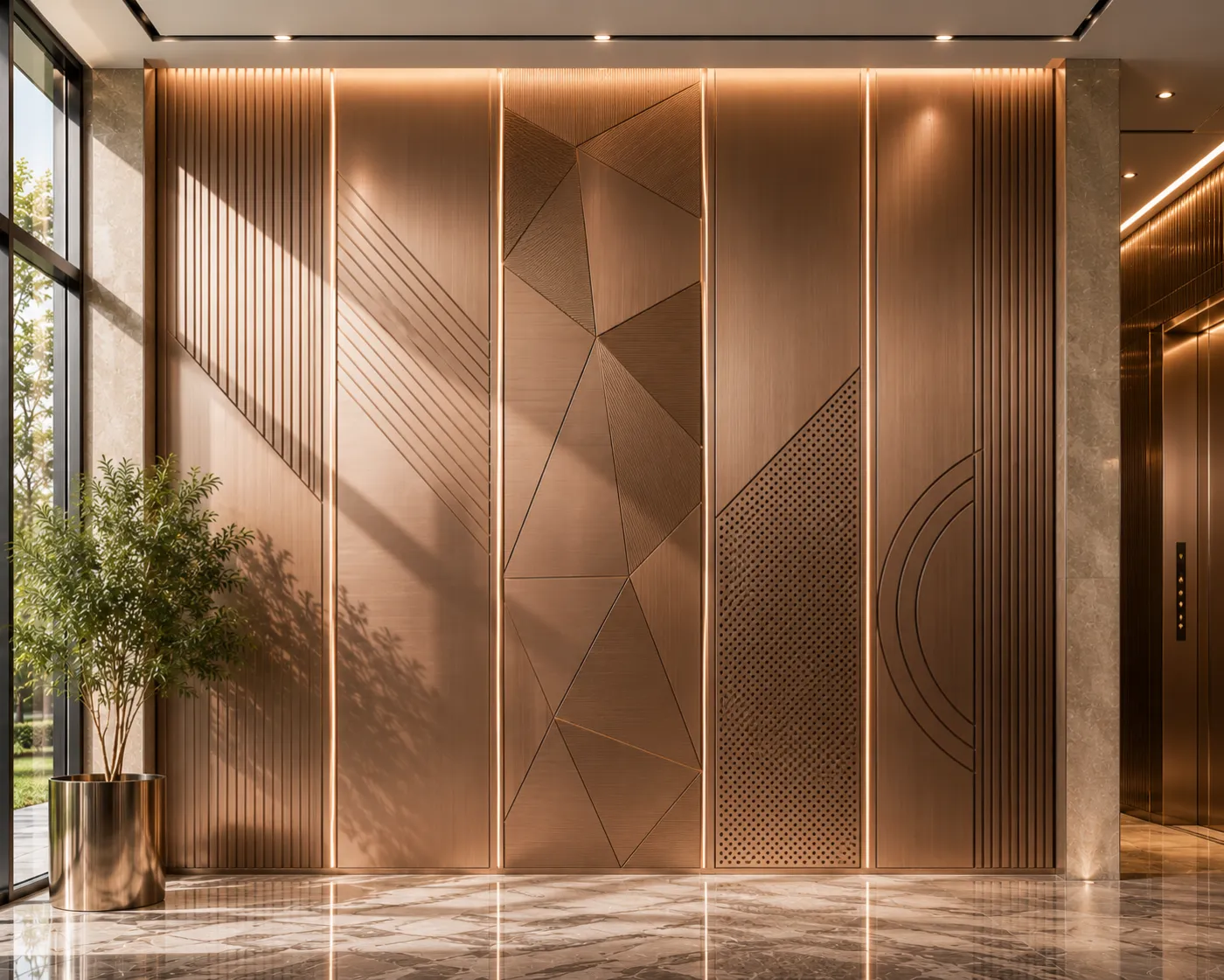 Interior wall cladding panels in a bronze PVD finish