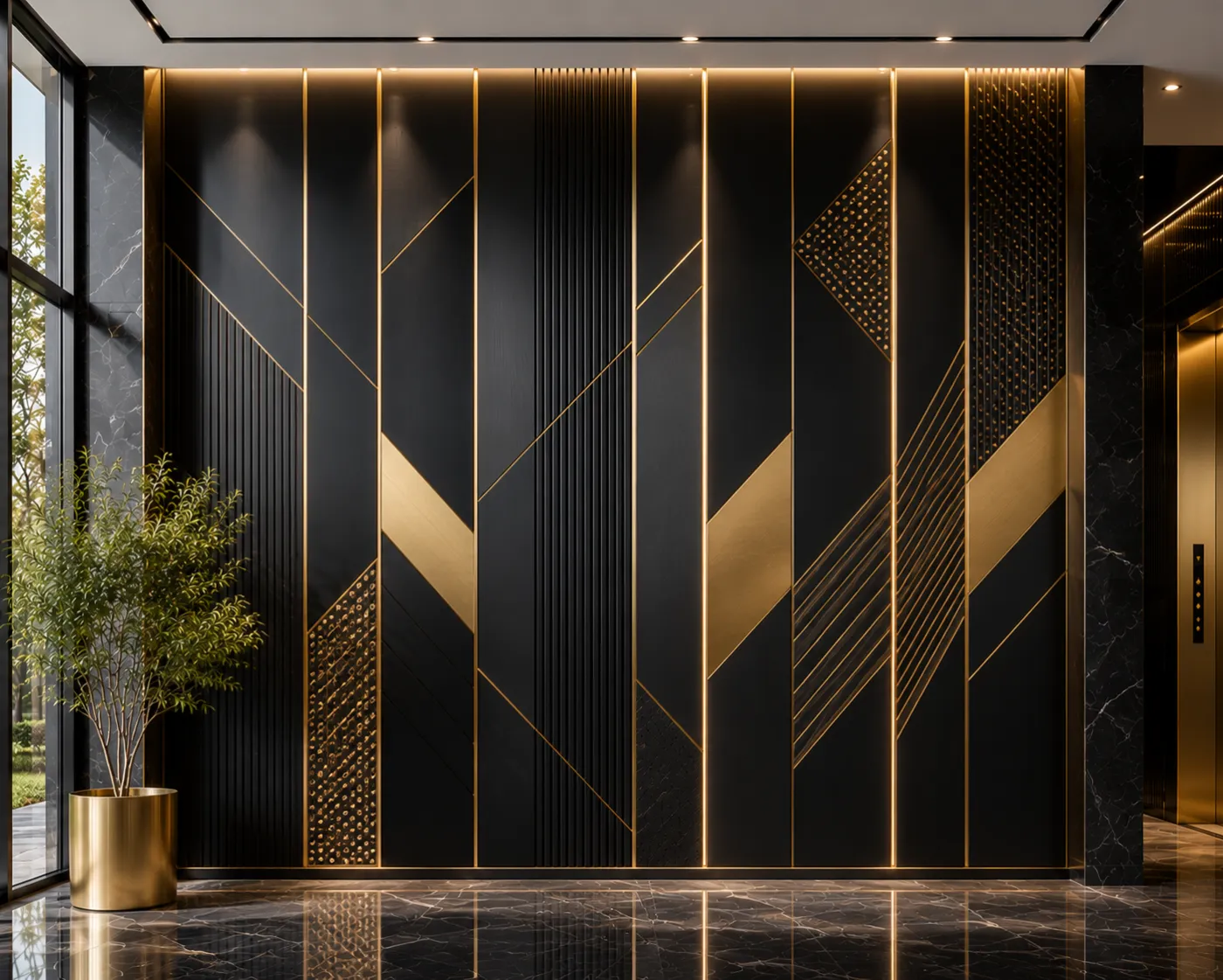 Wall cladding panels in a gold and black PVD finish