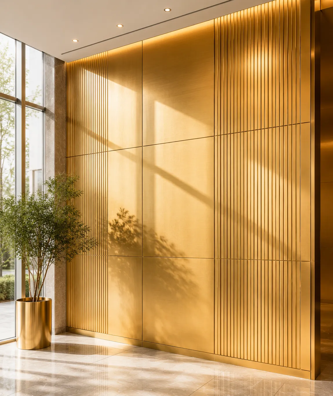 Interior wall cladding panels in a gold PVD finish