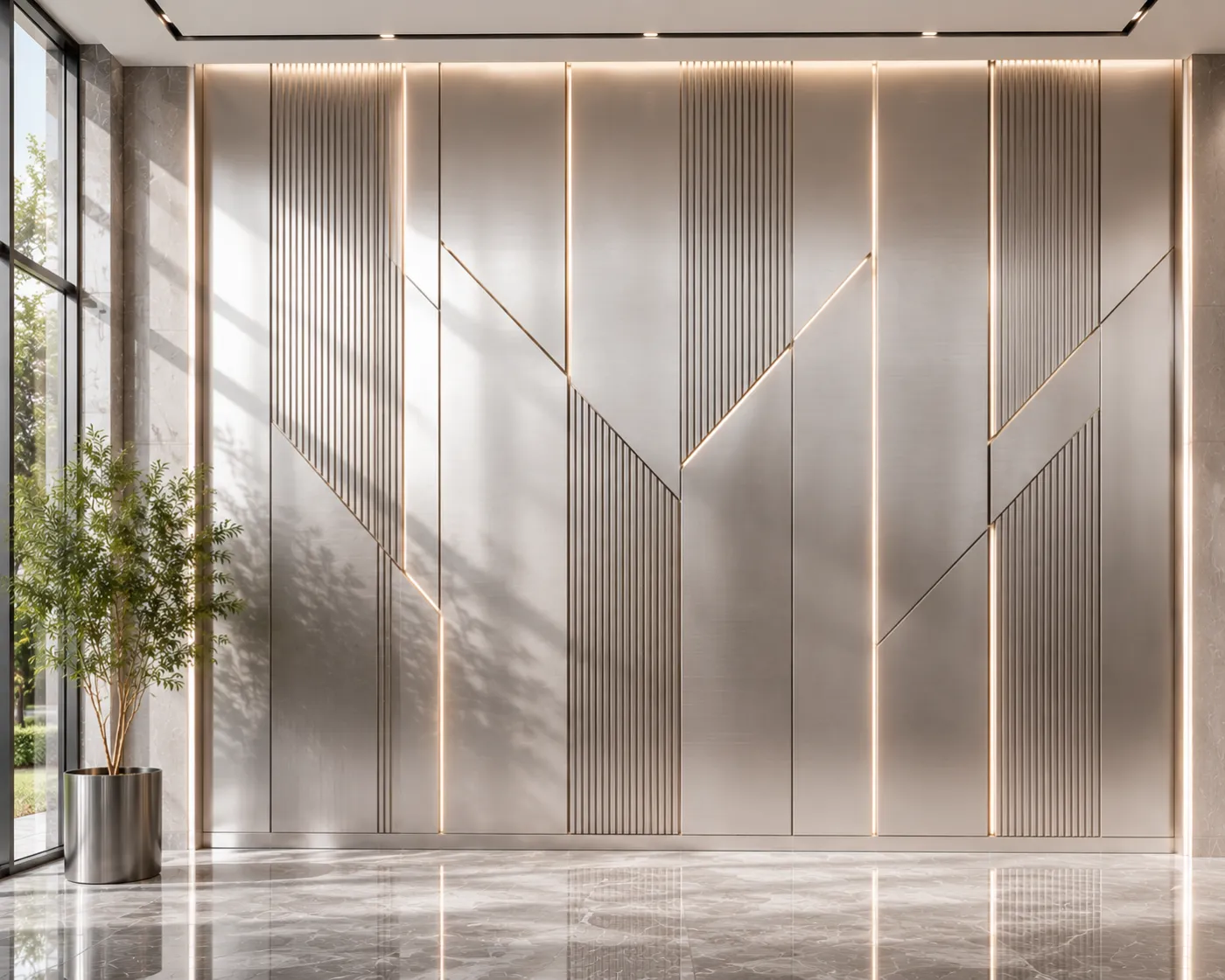 Interior wall cladding panels in a nickel PVD finish