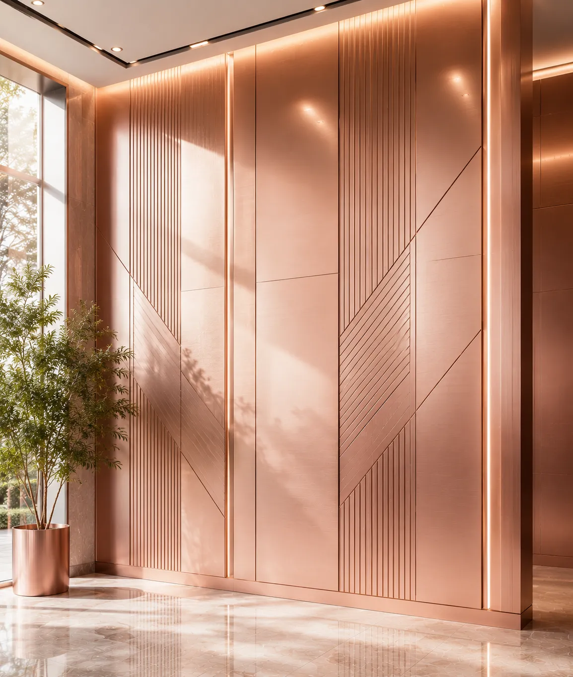 Interior wall cladding panels in a rose-gold PVD finish