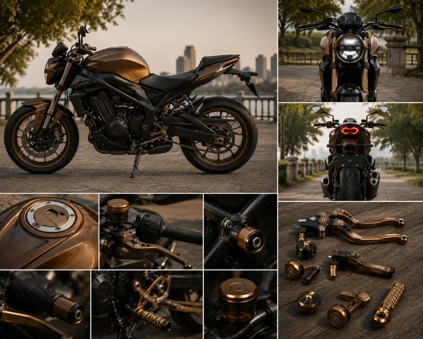 Motorcycle accessories in a gold PVD finish