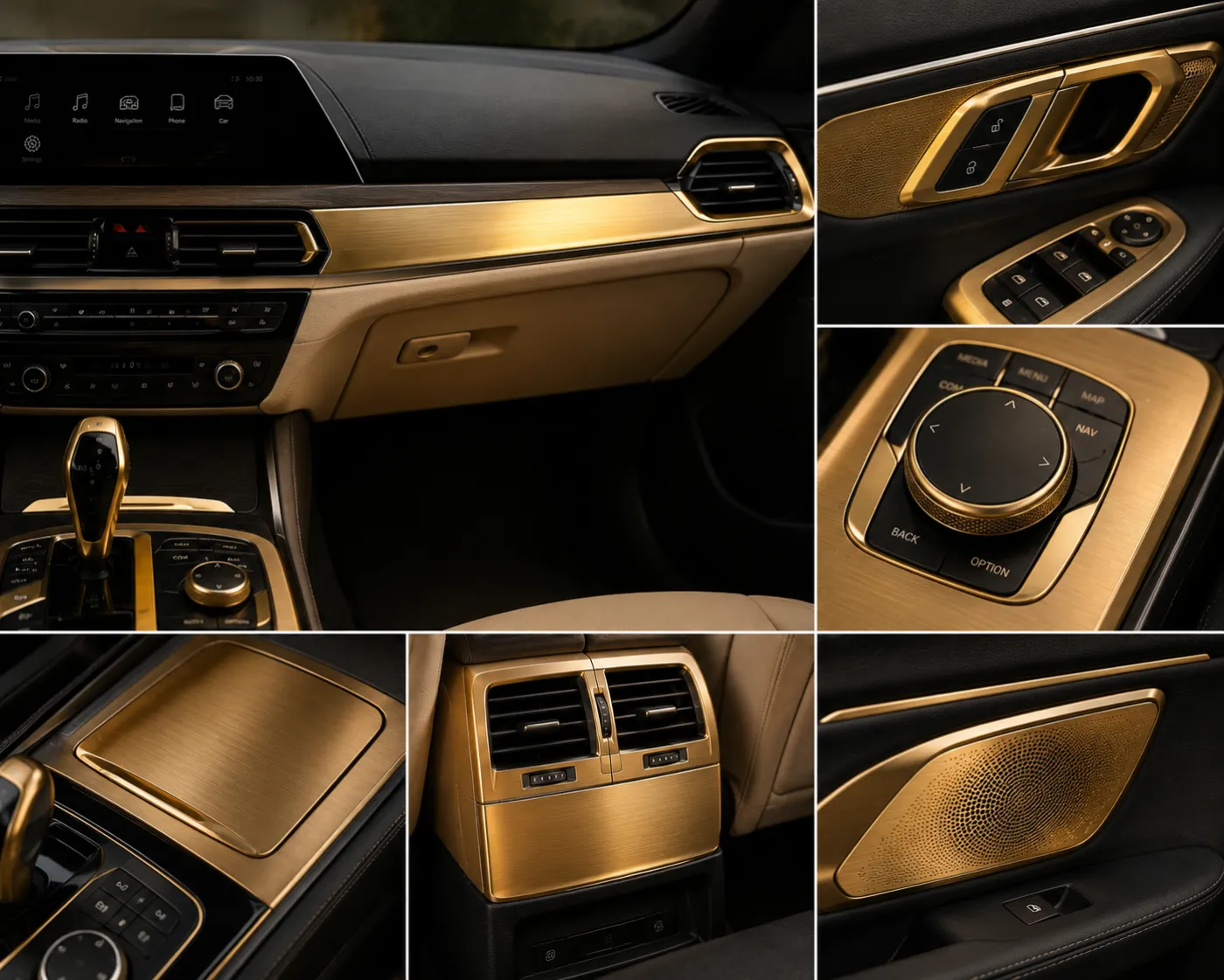 Car interior trim details in a gold PVD finish