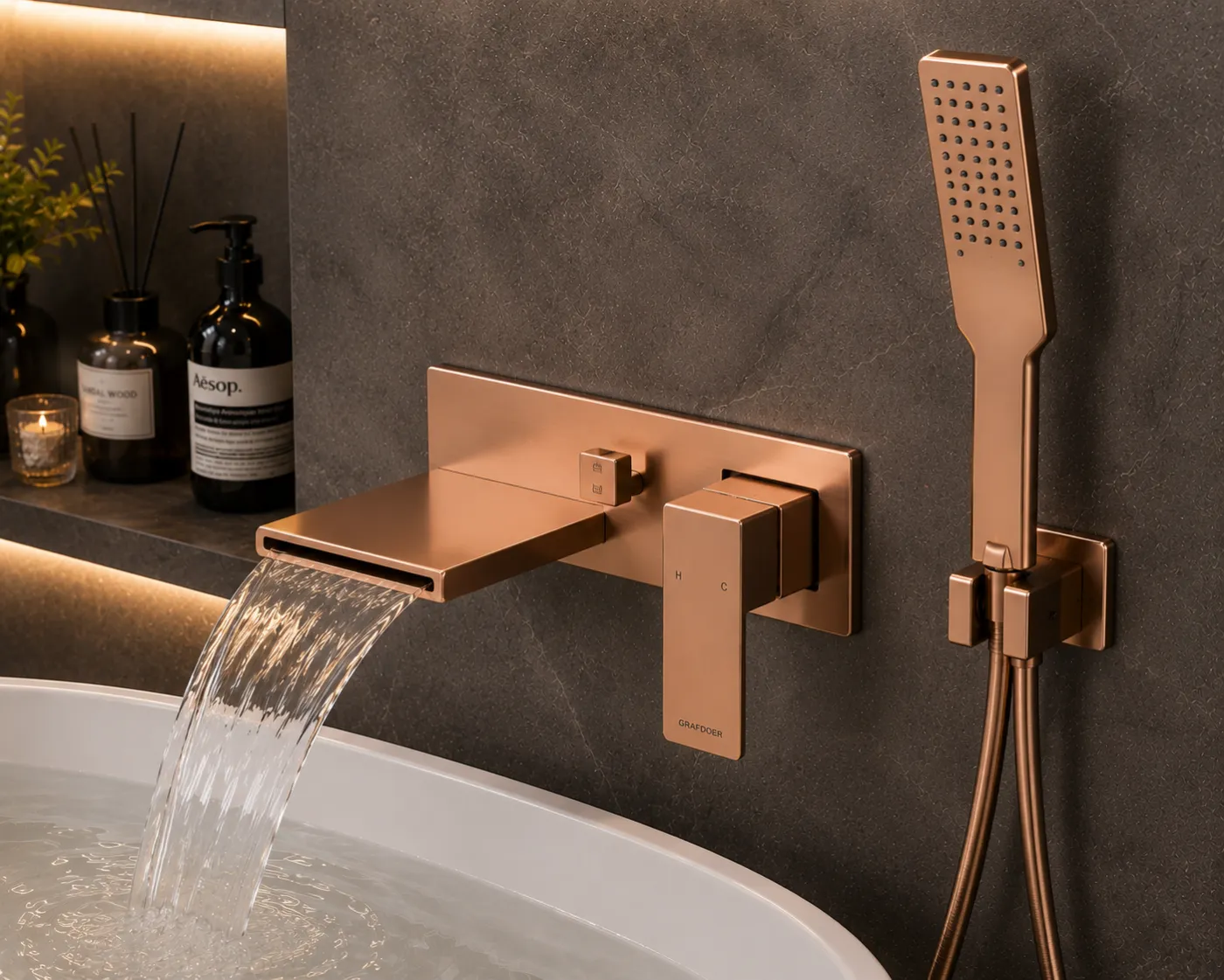 Faucets and mixers in a rose-gold PVD finish