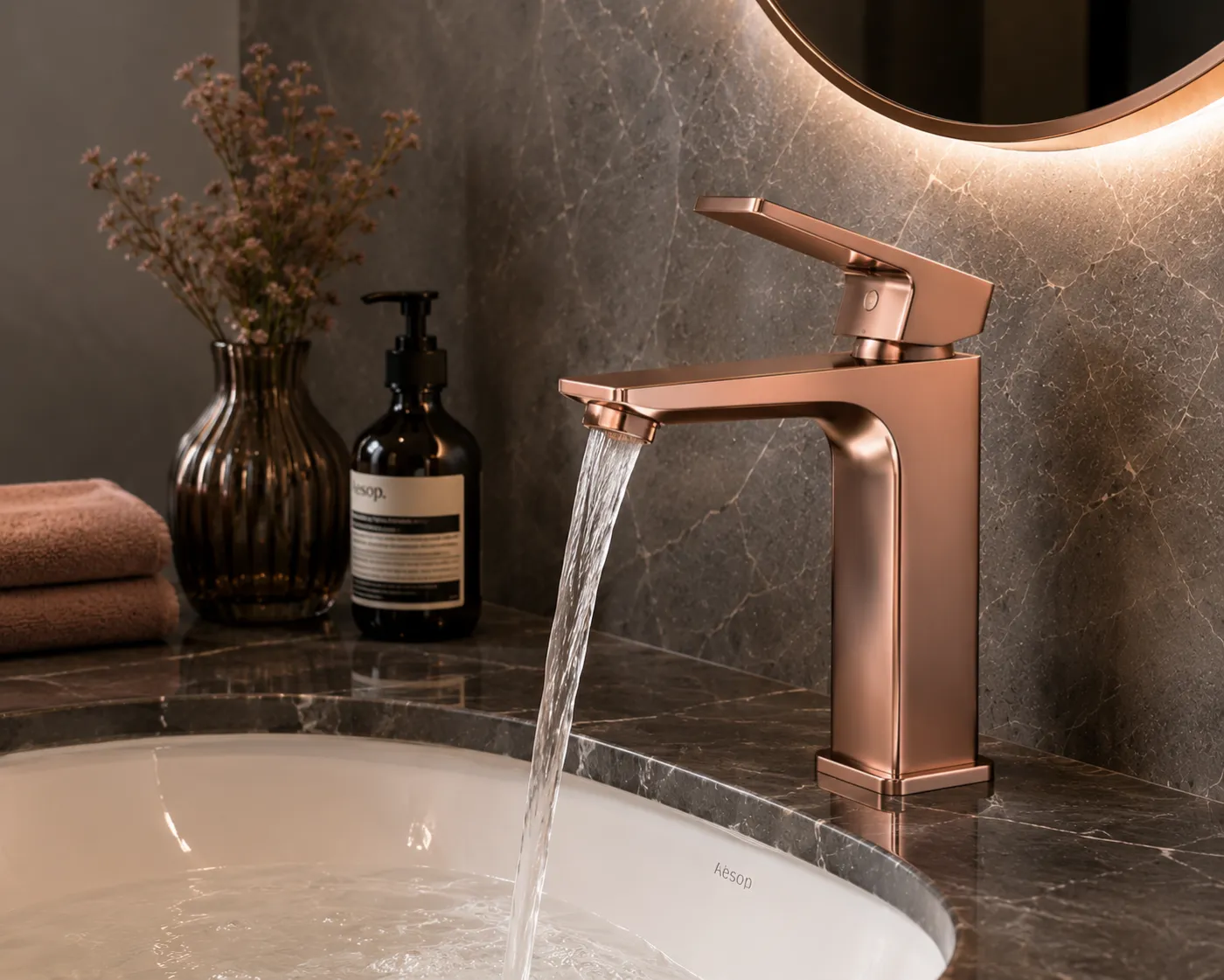 Faucets and mixers in a rose-gold PVD finish