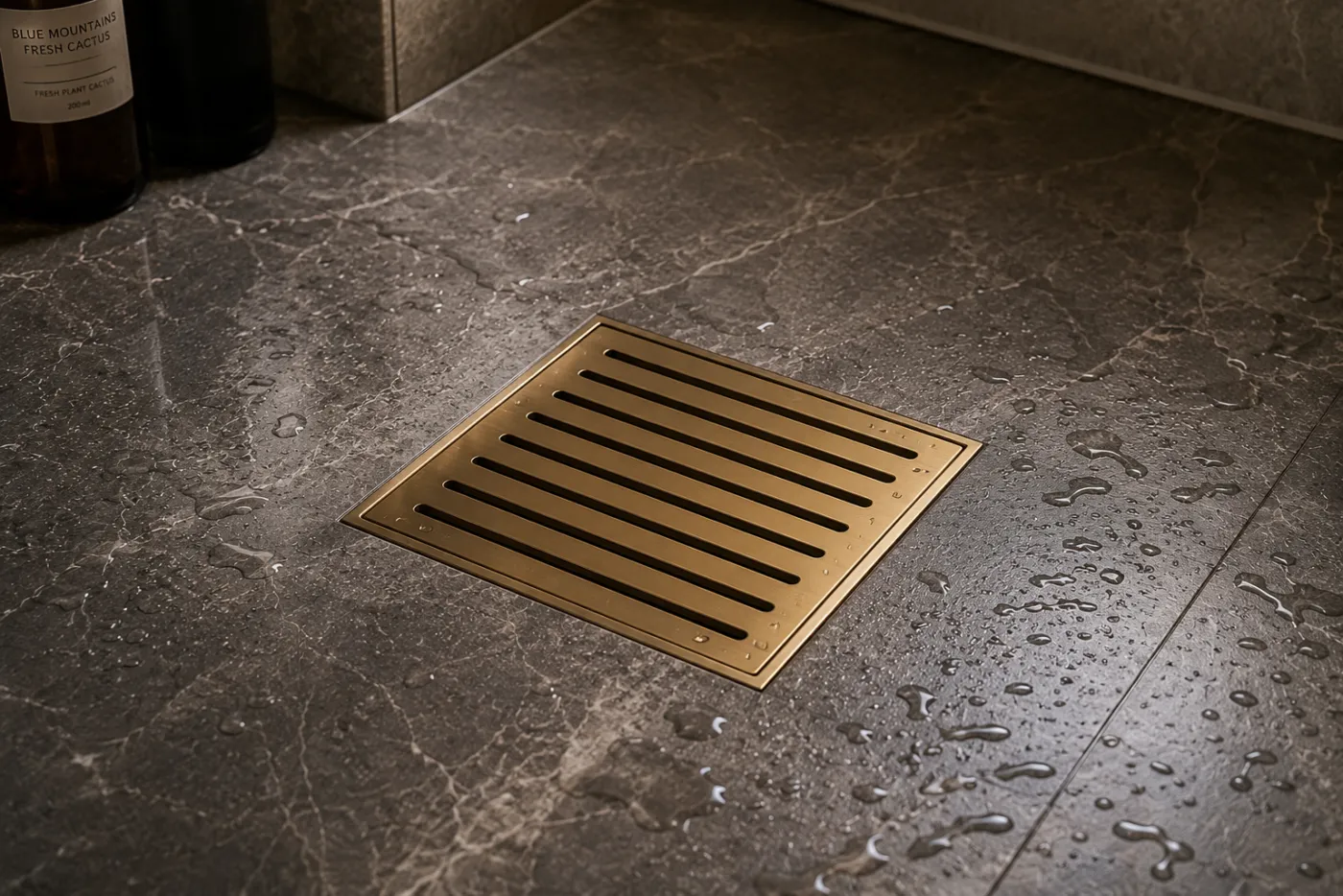 Floor drains and covers in a gold PVD finish