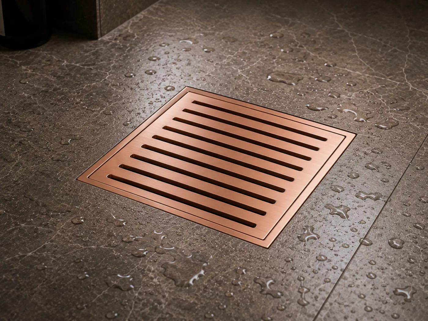 Floor drains and covers in a rose-gold PVD finish