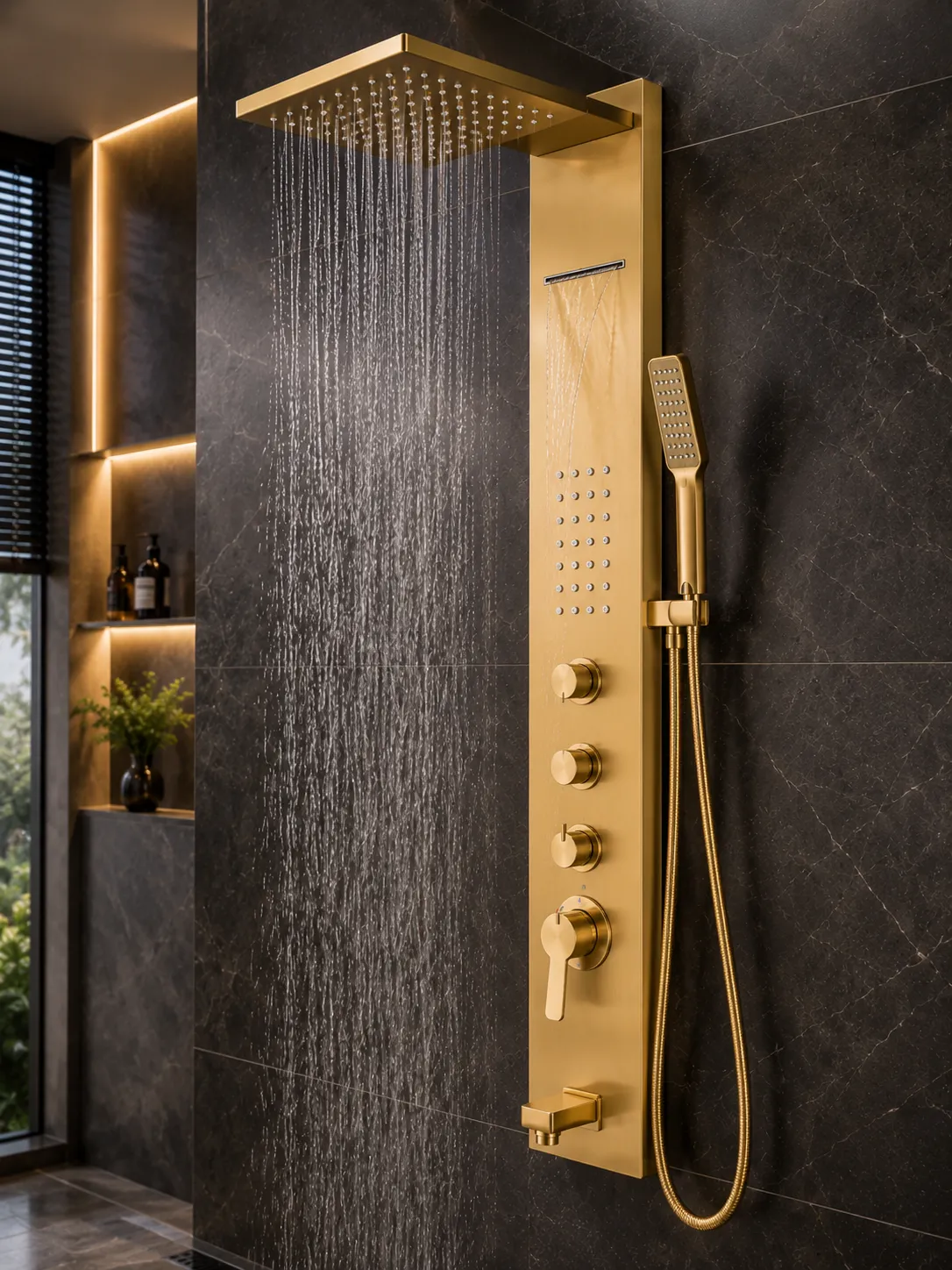 Shower panels in a gold PVD finish