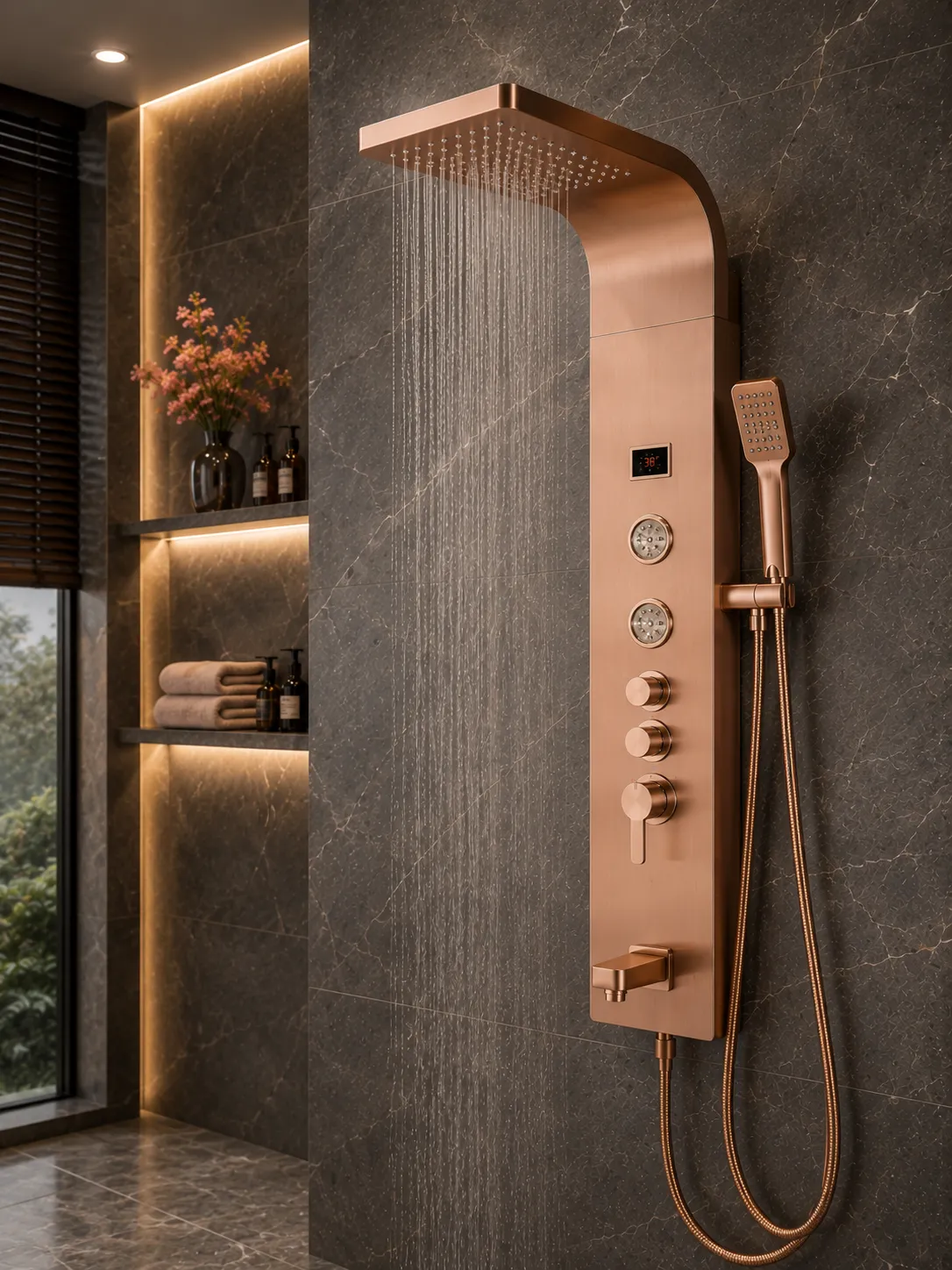 Shower panels in a rose-gold PVD finish