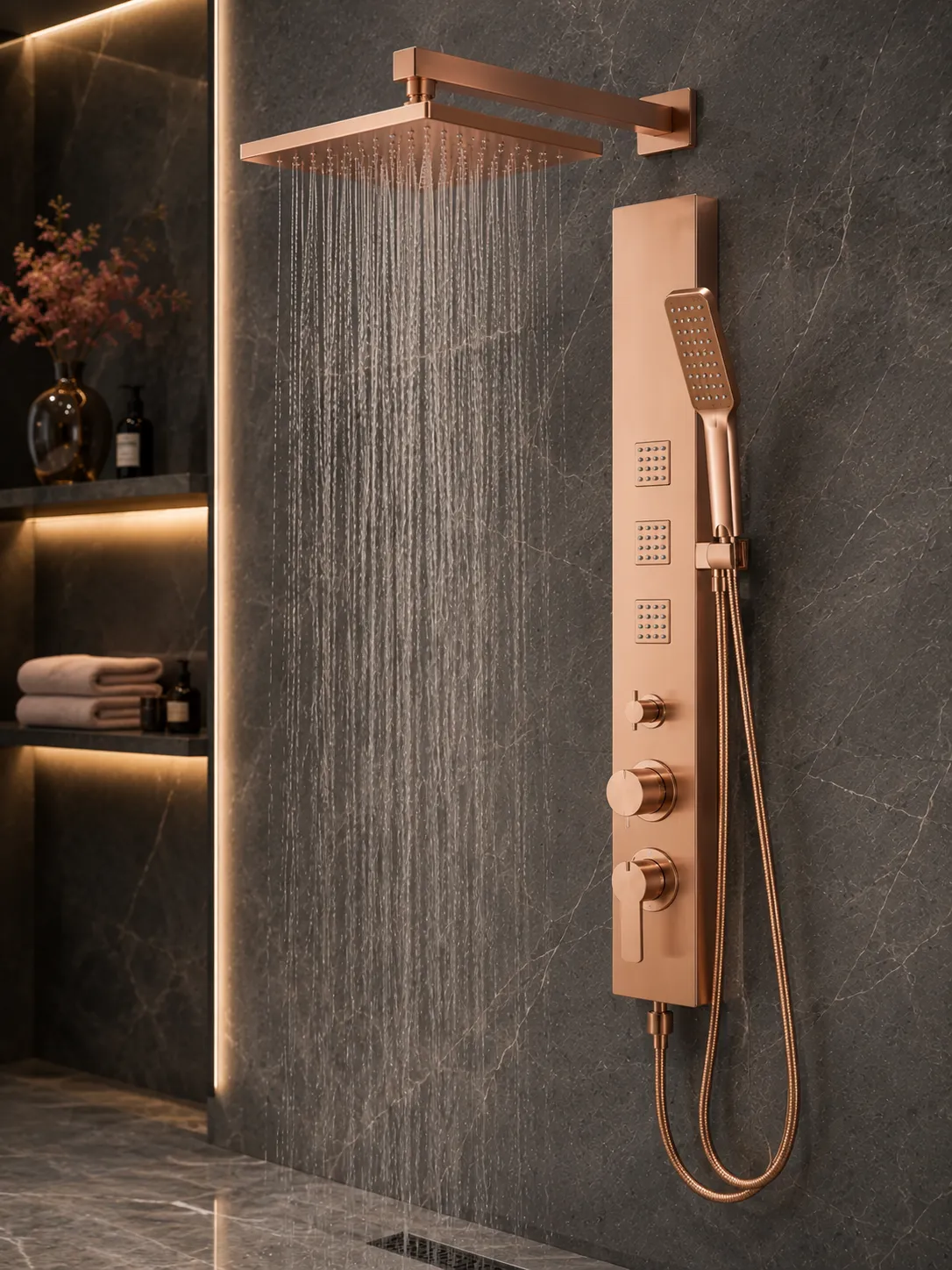 Shower panels in a rose-gold PVD finish