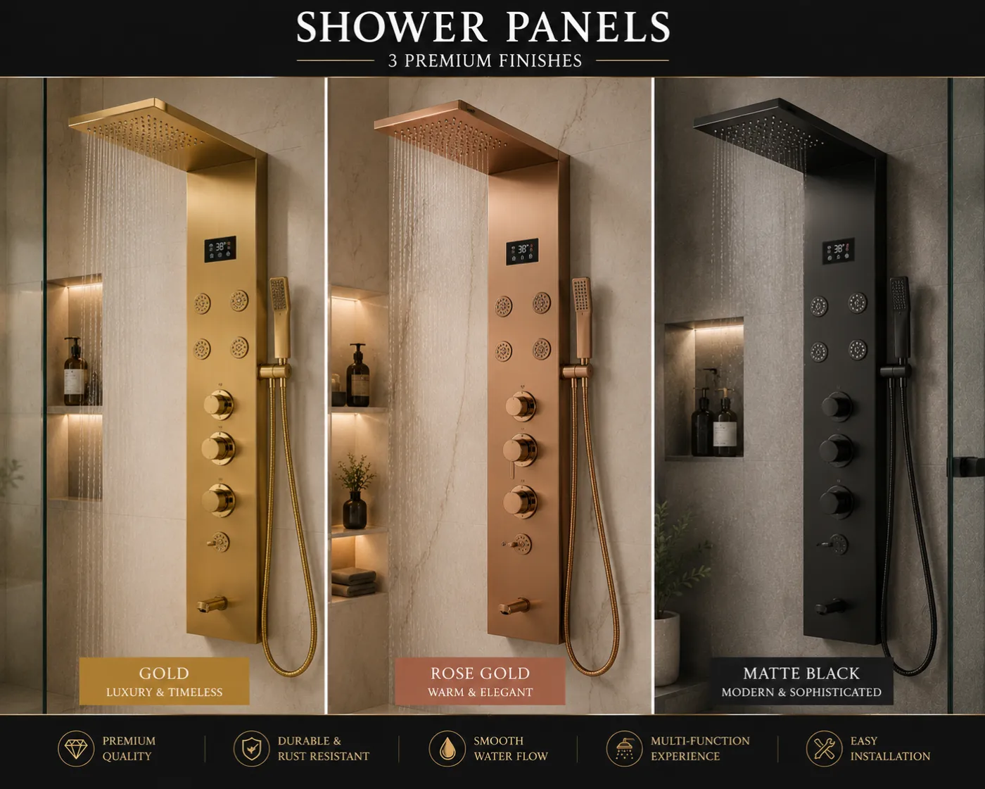 PVD-coated shower panels shown in gold, rose gold and matte black finishes
