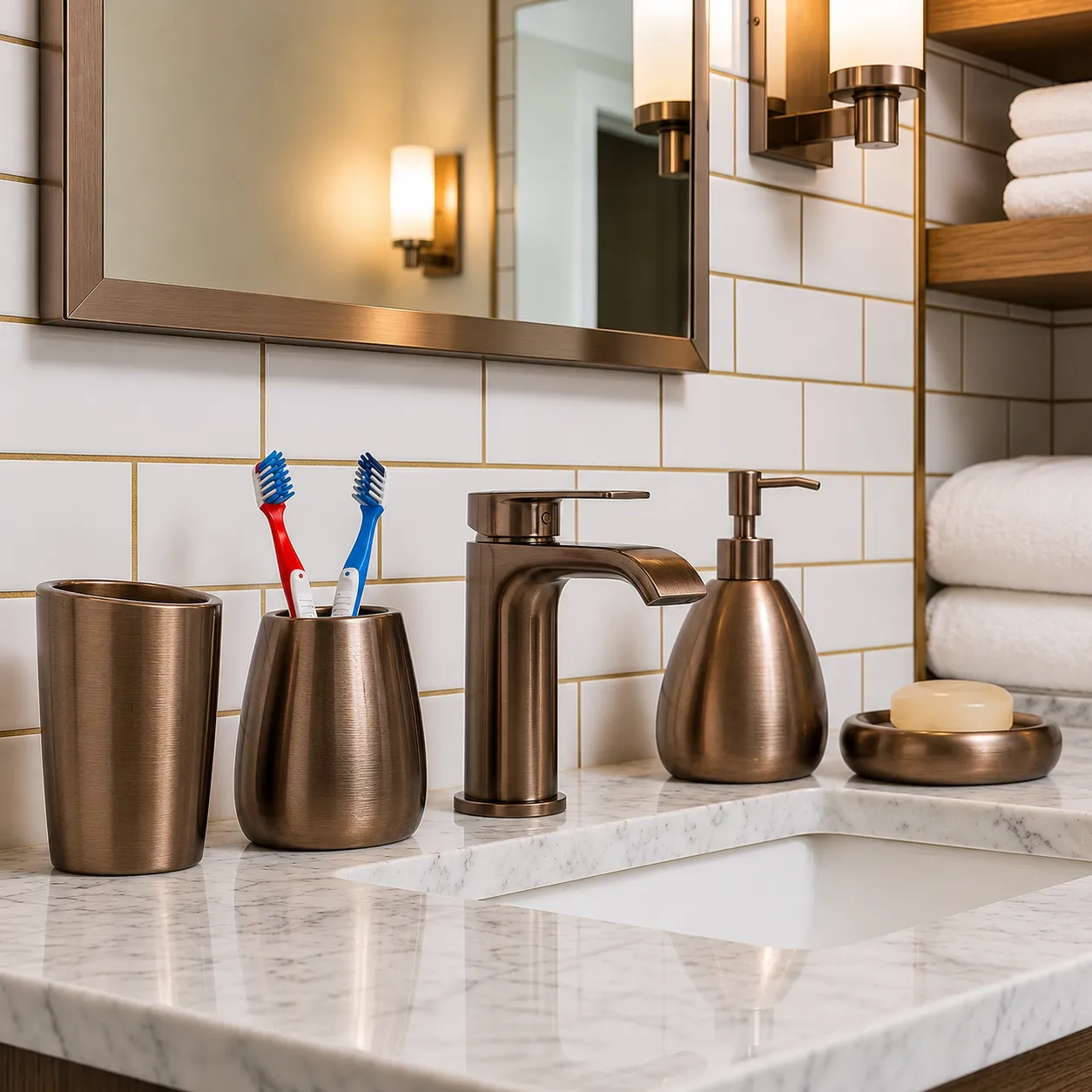 Soap holders and dispensers in a bronze PVD finish