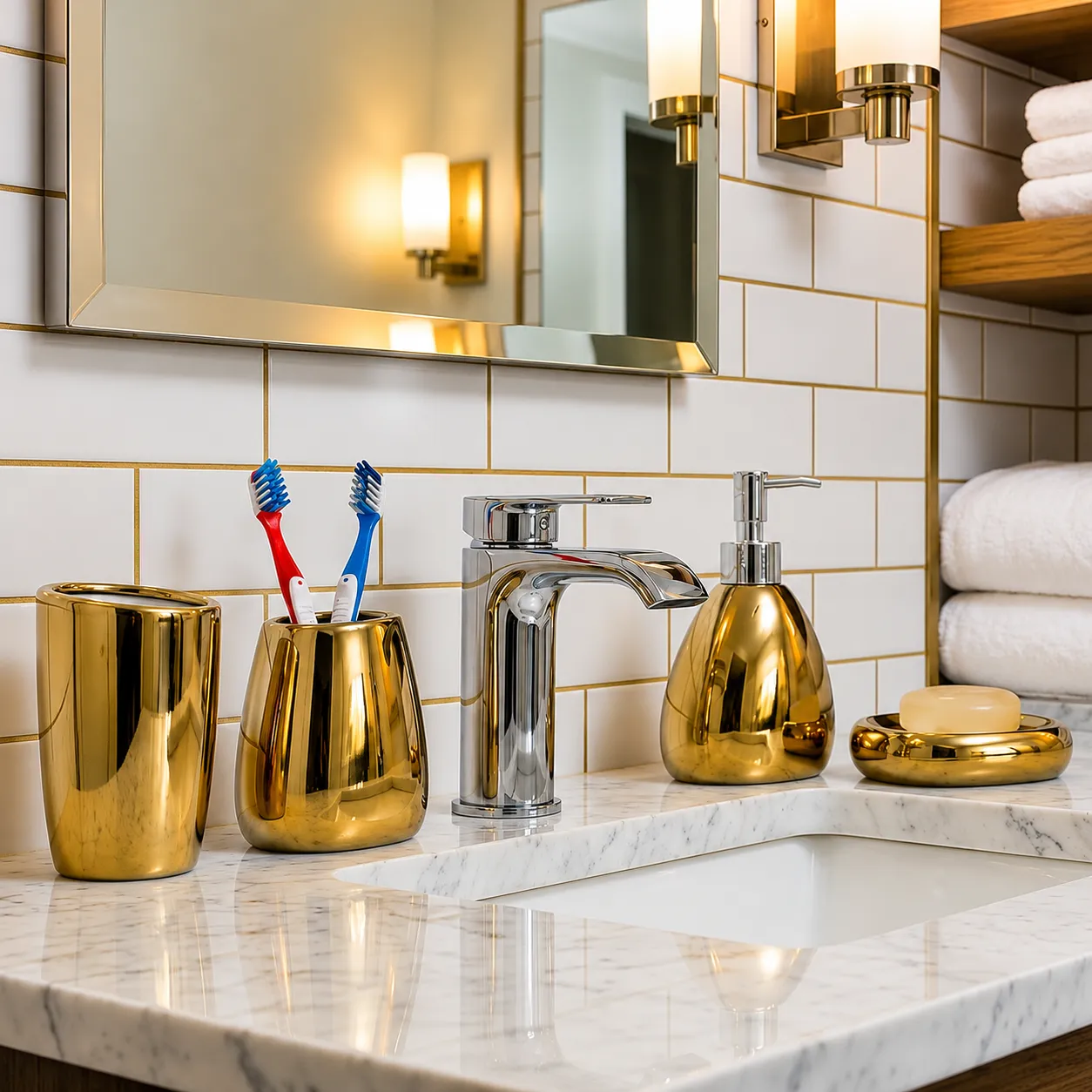 Soap holders and dispensers in a gold PVD finish