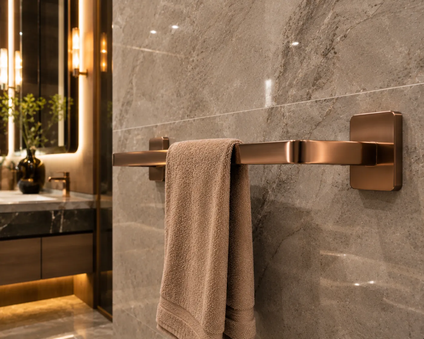 Towel racks in a rose-gold PVD finish