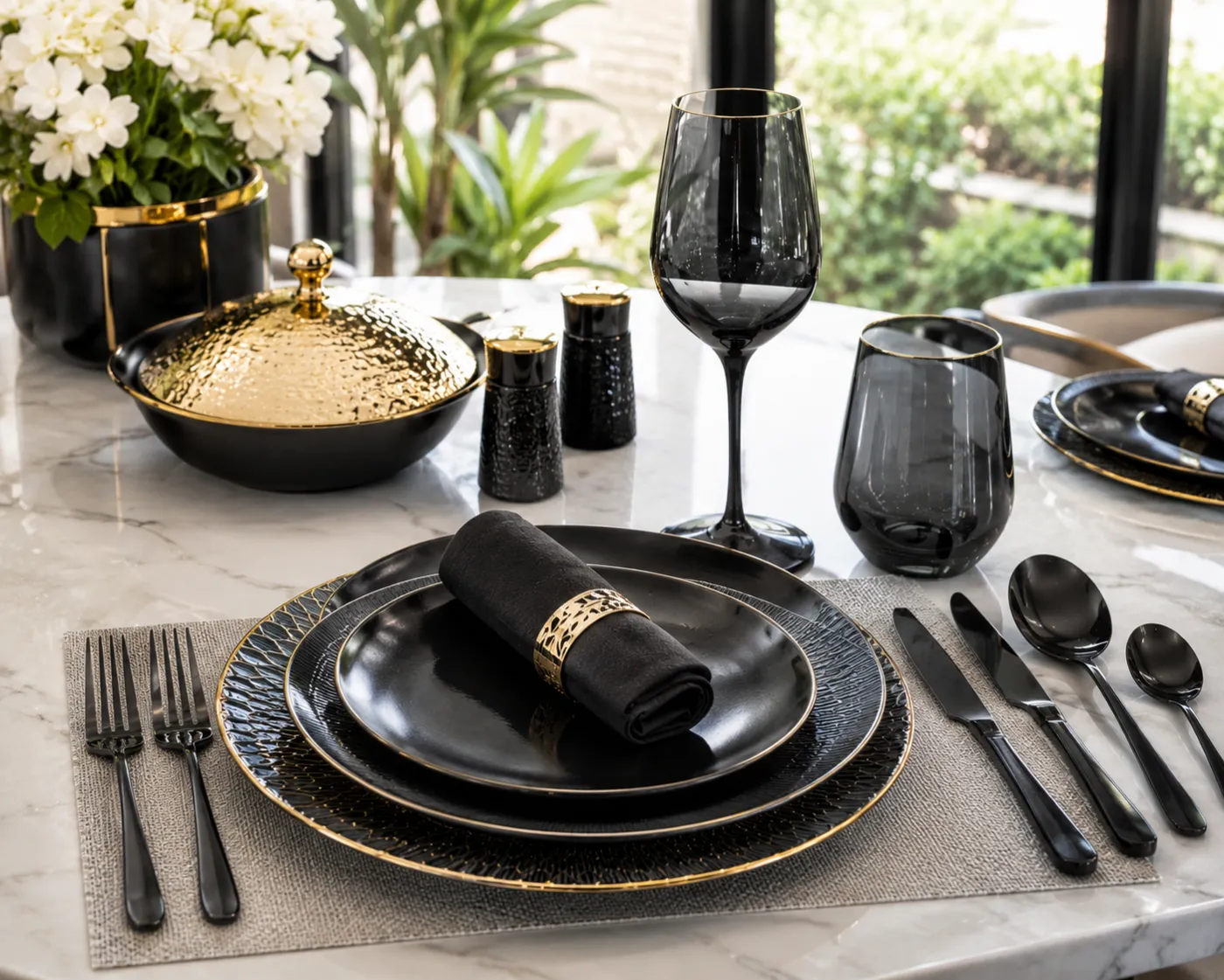 Decorative plates in a black and gold PVD finish