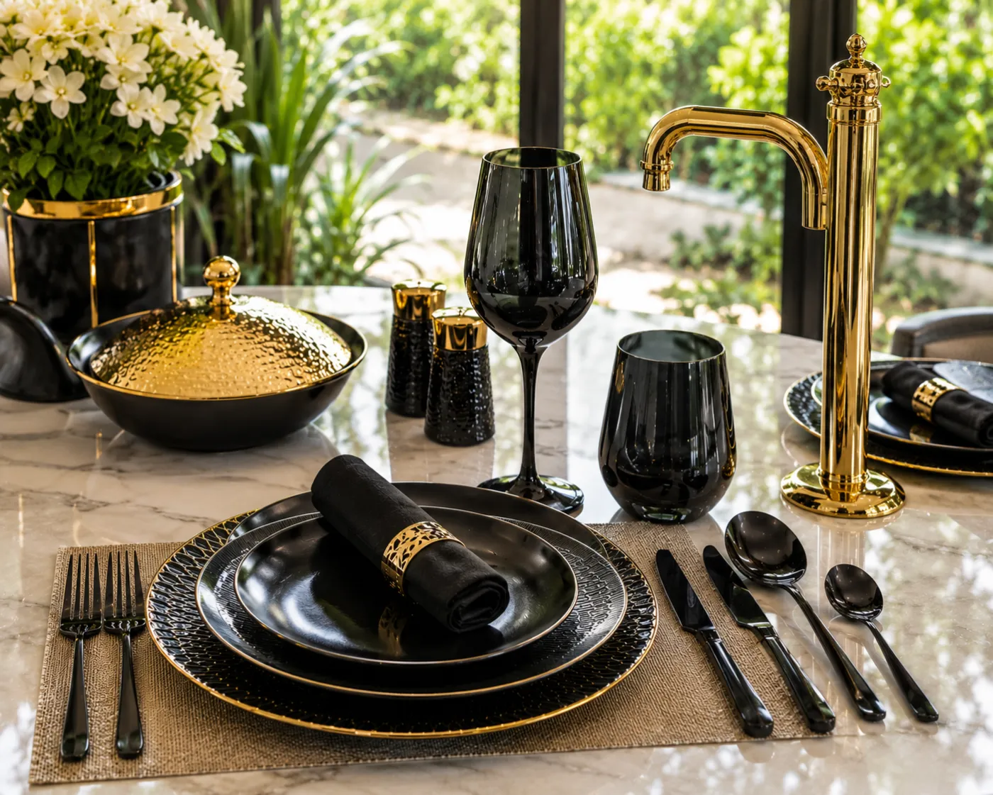 Decorative plates in a black and gold PVD finish
