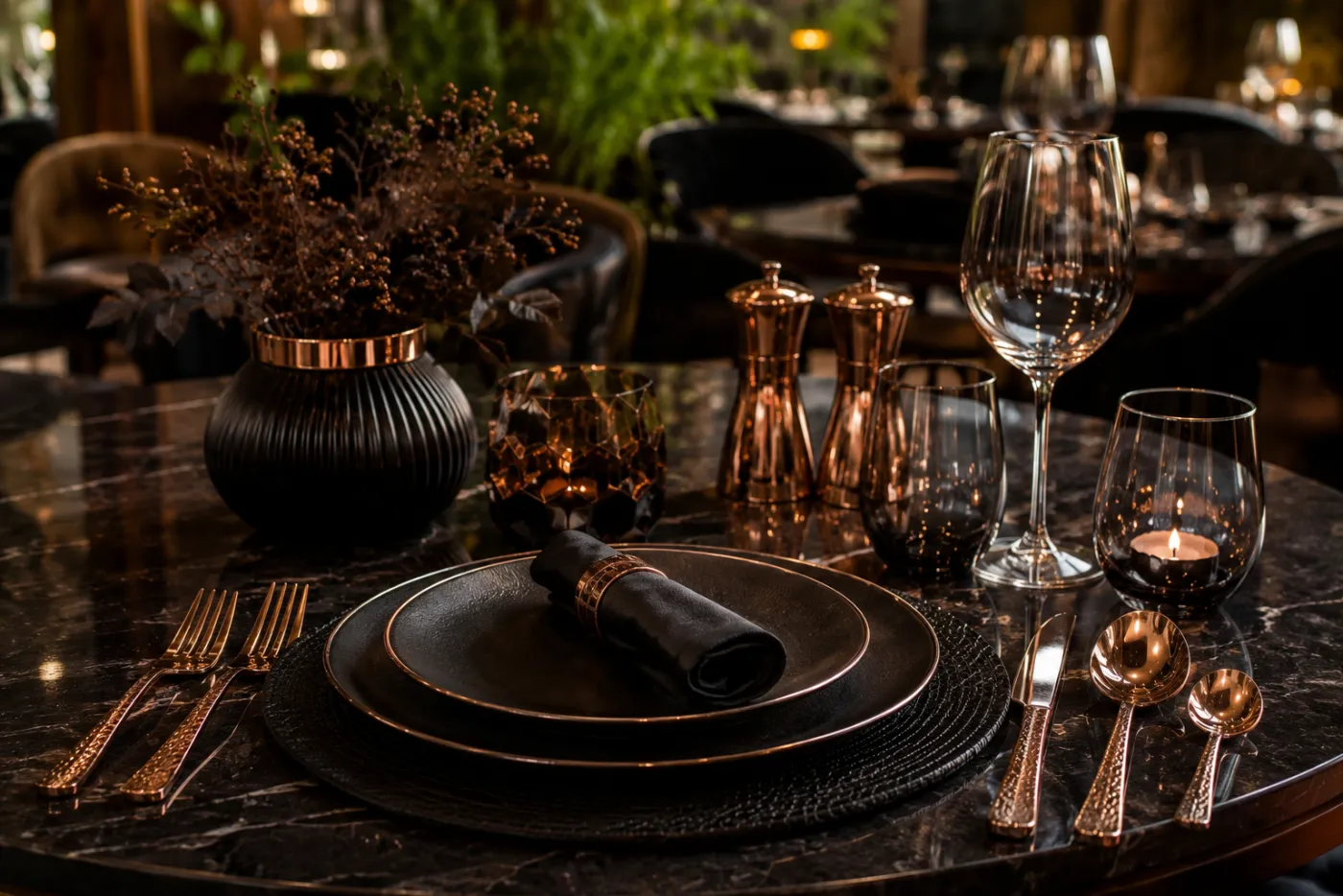 Decorative plates in a black and rose-gold PVD finish
