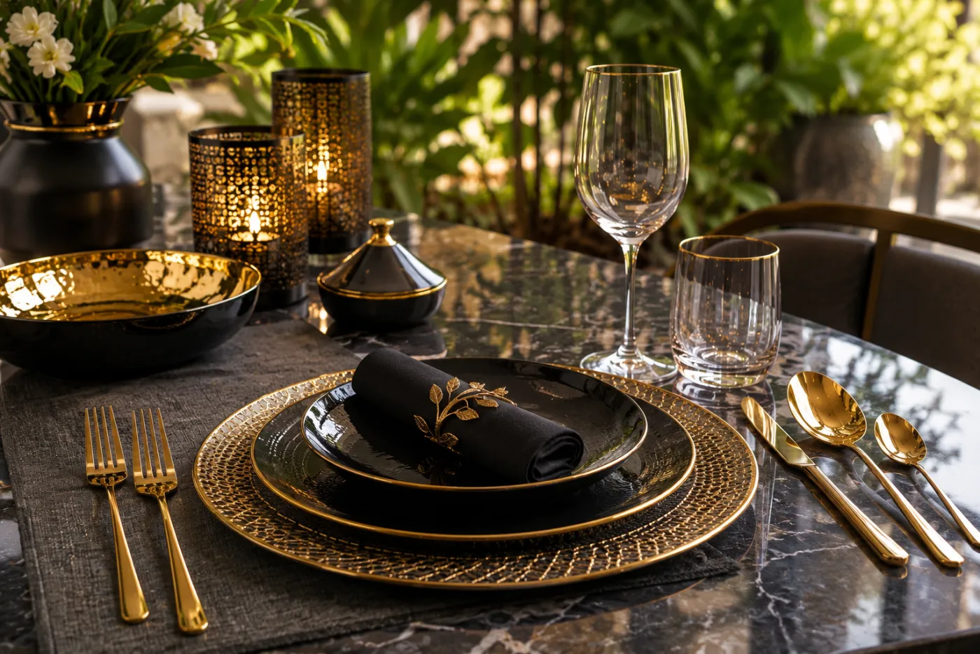Decorative dining plates in a gold and black PVD finish