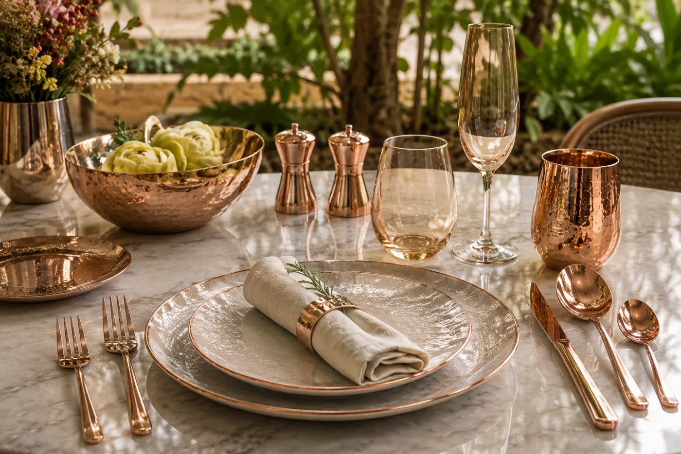 Decorative dining plates in a rose-gold PVD finish