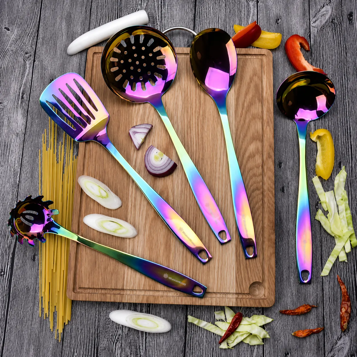 Crockery in a rainbow PVD finish