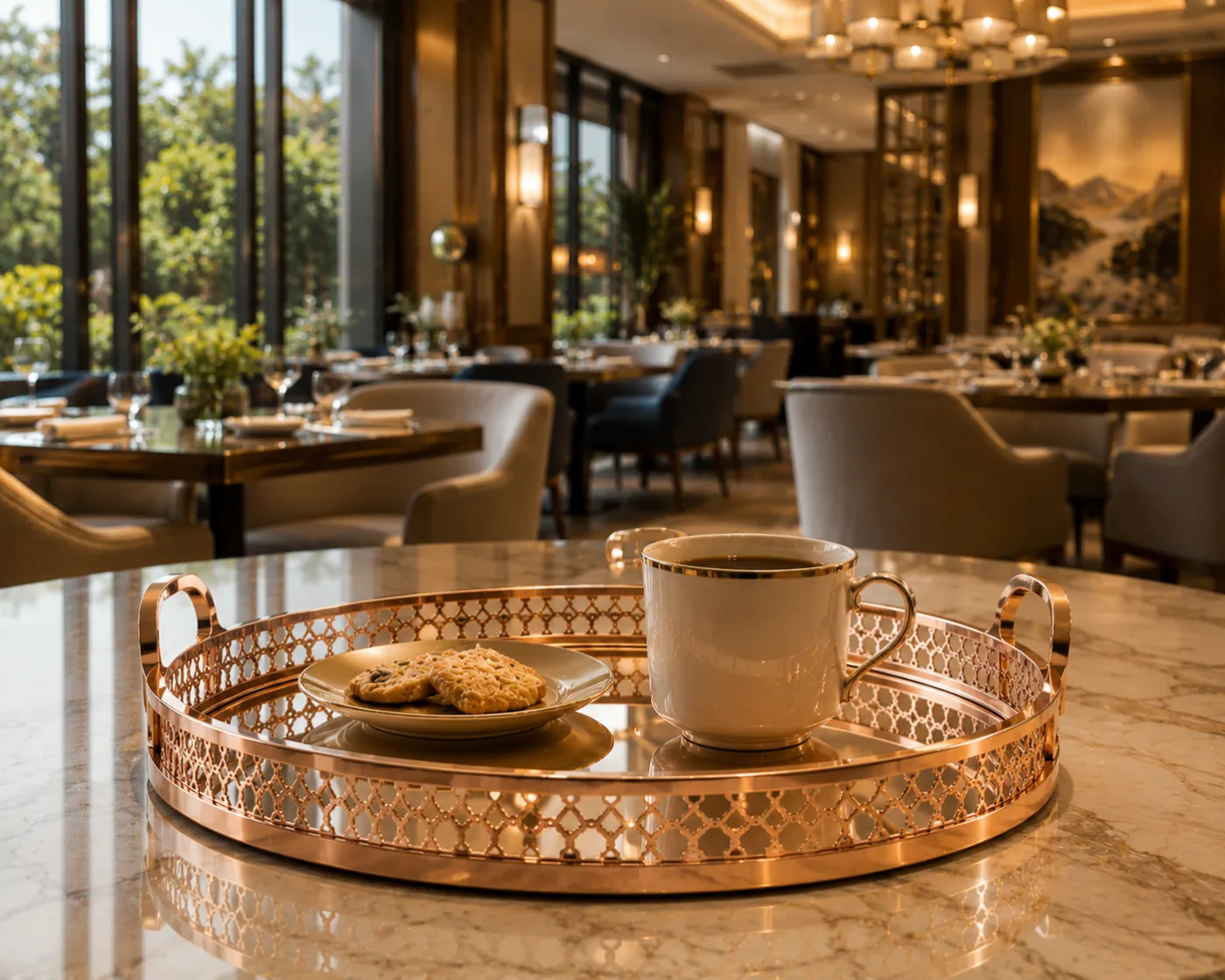 Serving trays in a rose-gold PVD finish