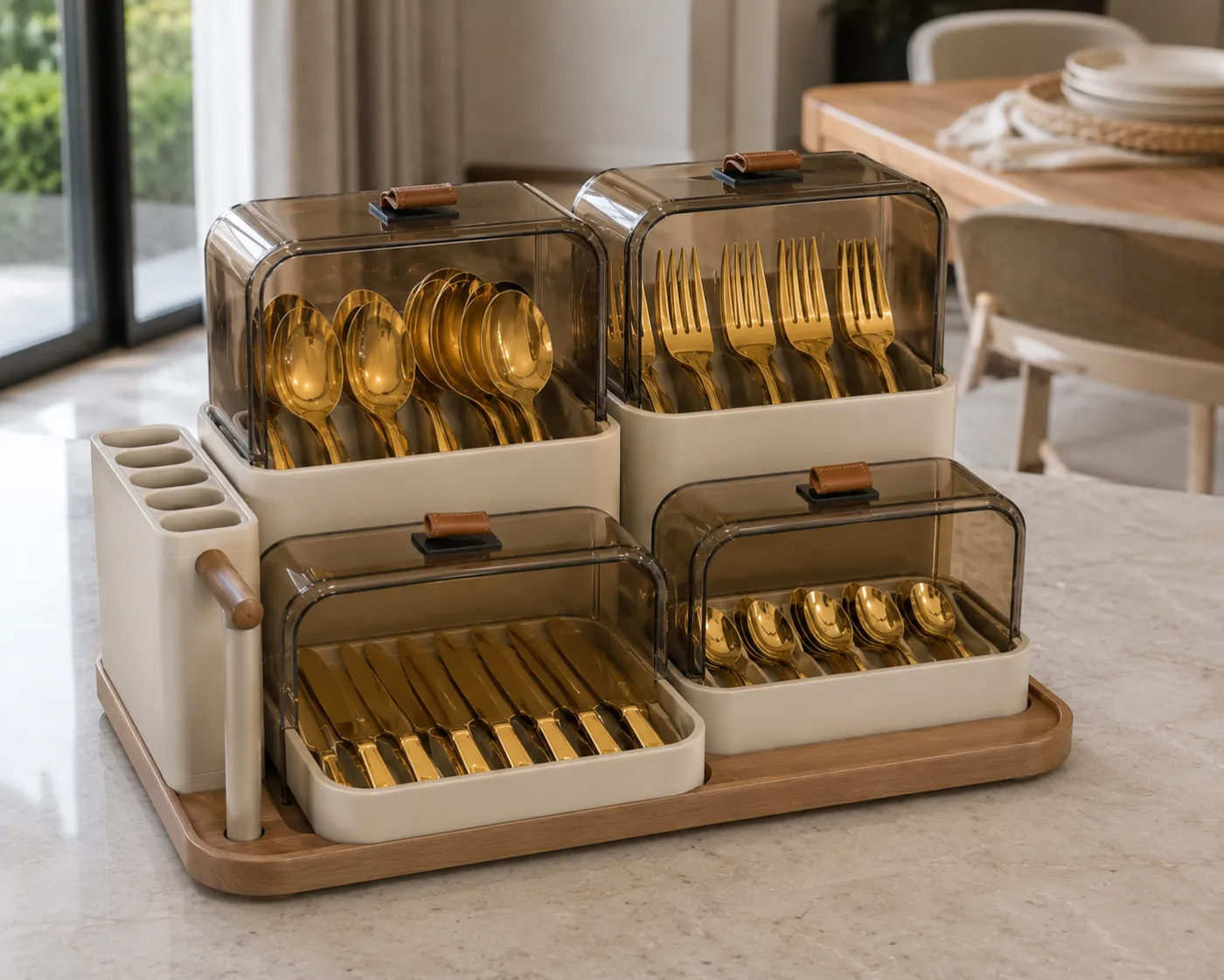 Spoons, forks and knives in a gold PVD finish