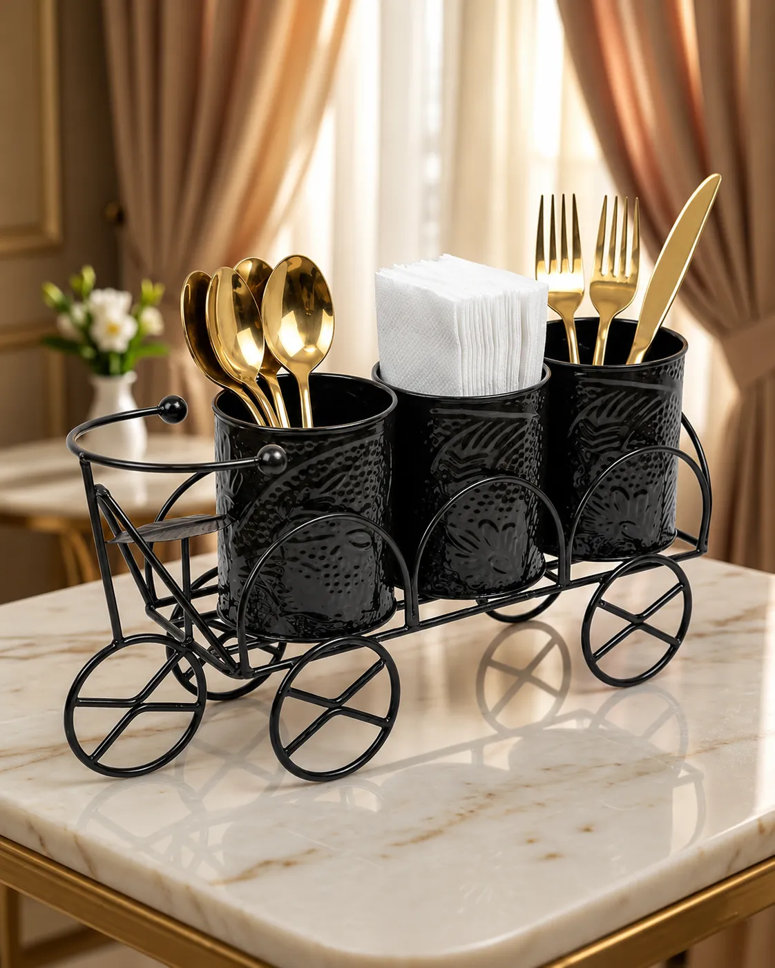 Gold PVD-coated cutlery laid out as a place setting