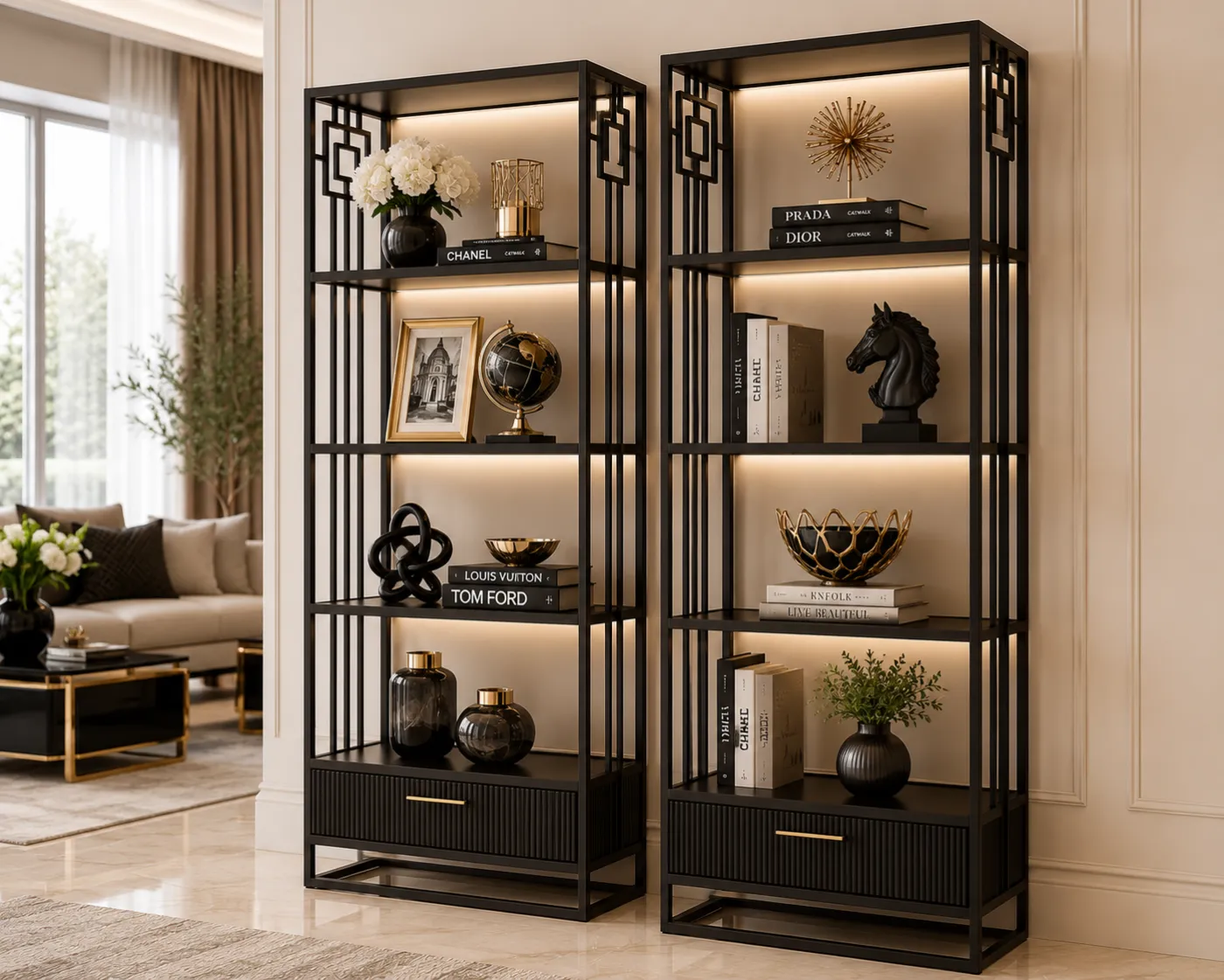 Cabinet with black PVD-coated metal accents