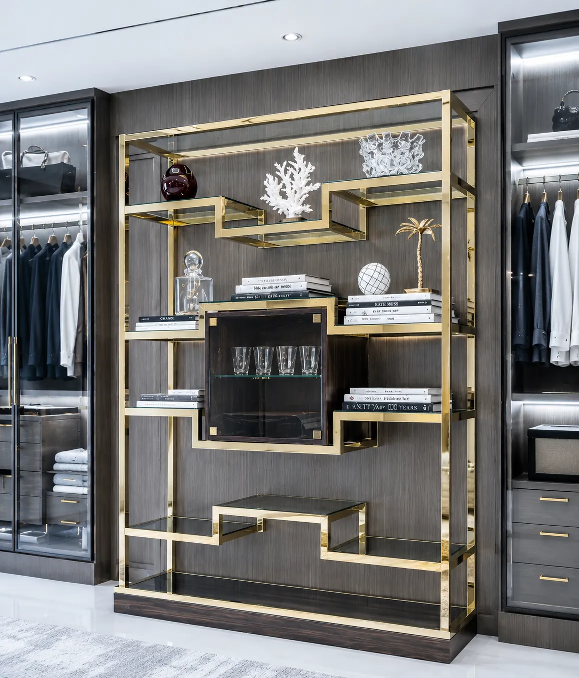 Cabinet with champagne-gold PVD-coated metal accents