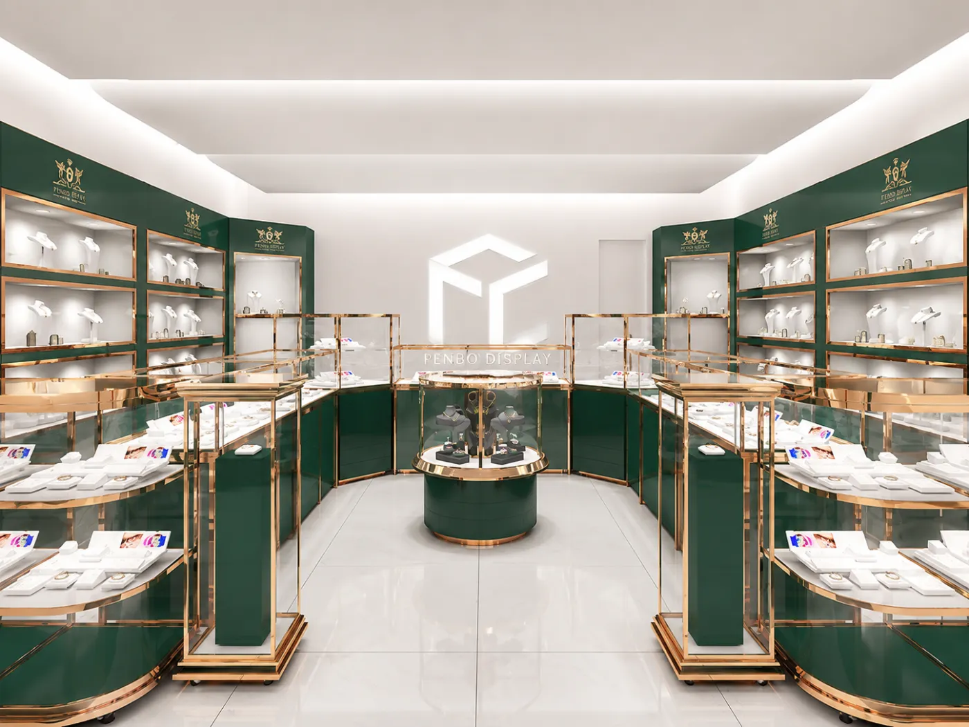 Display cabinet with gold PVD-coated metal accents