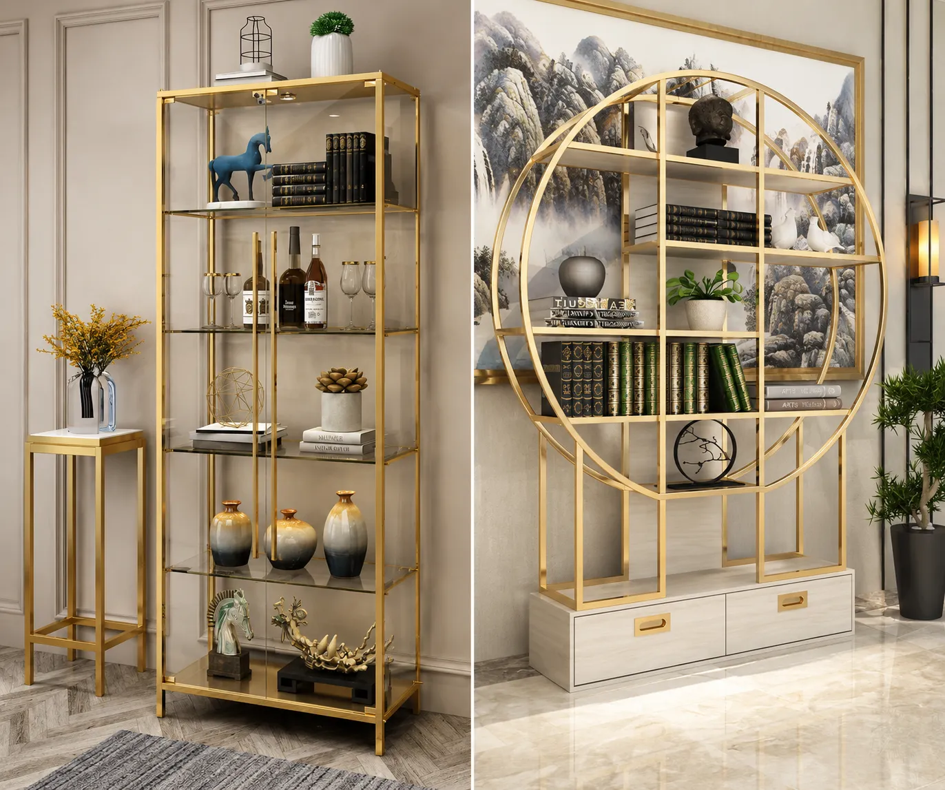 Display shelving units with gold PVD-coated frames