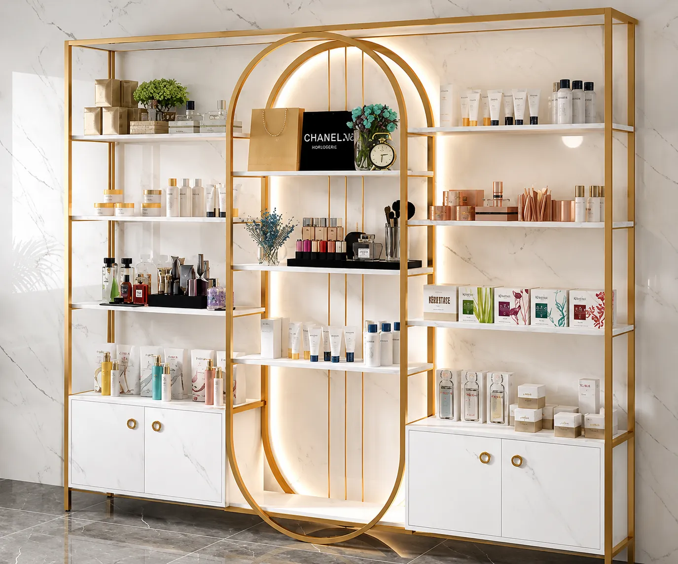 Cabinet with rose-gold PVD-coated metal accents
