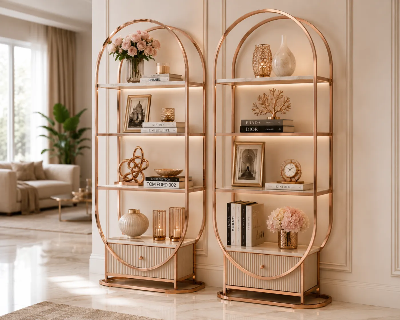 Arched display cabinets with rose-gold PVD-coated frames