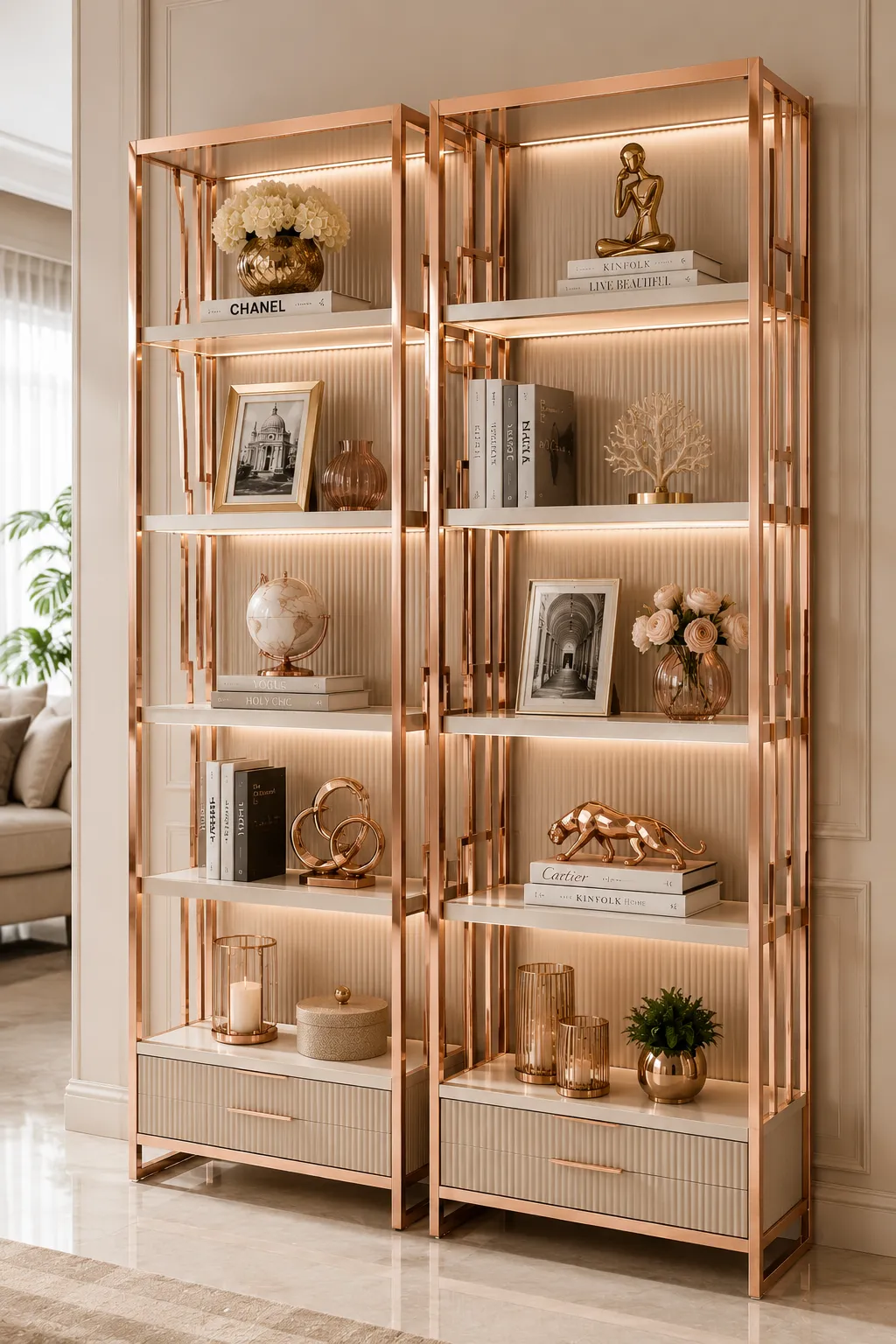 Cabinet with rose-gold PVD-coated metal accents