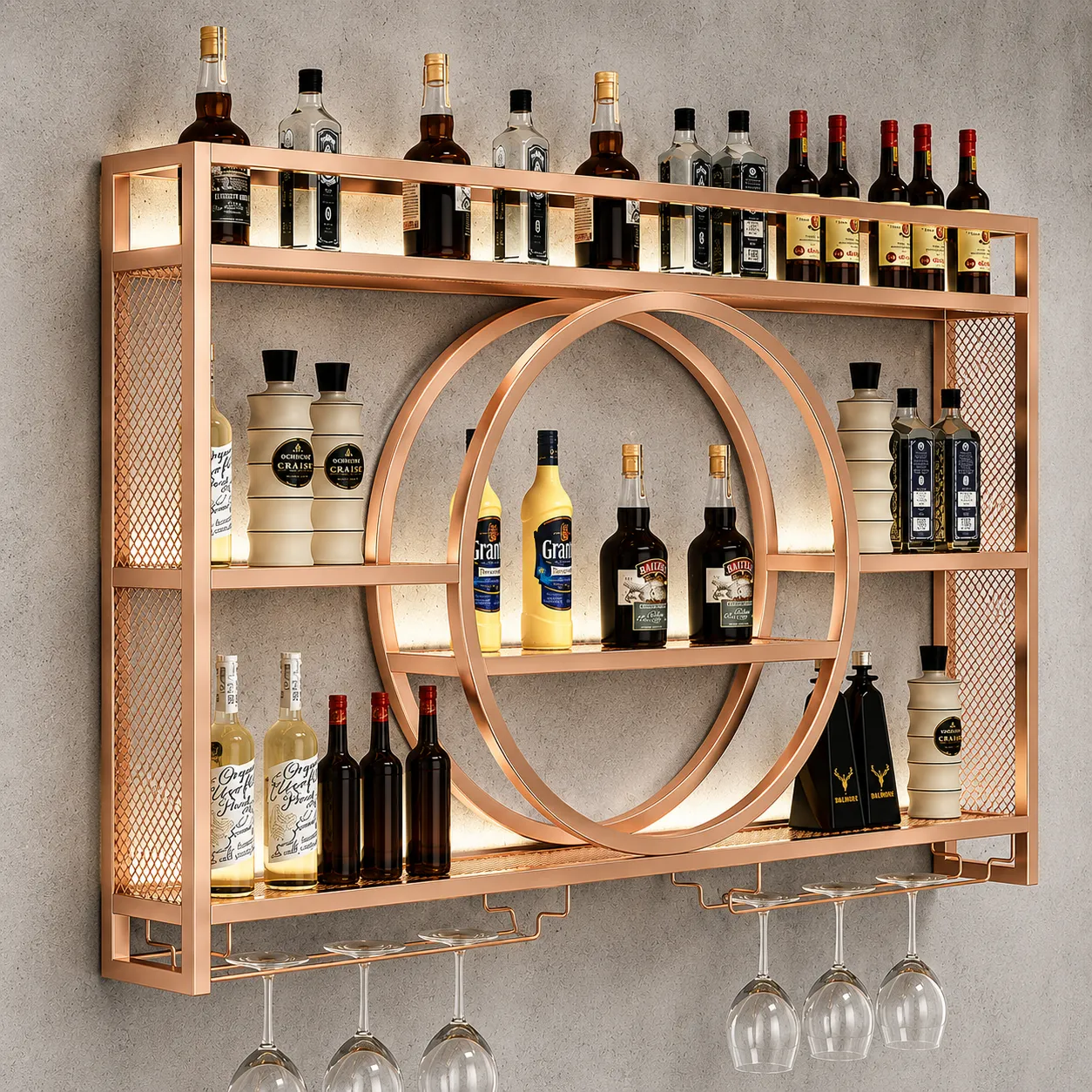 Wall-mounted bar shelving with a rose-gold PVD-coated frame