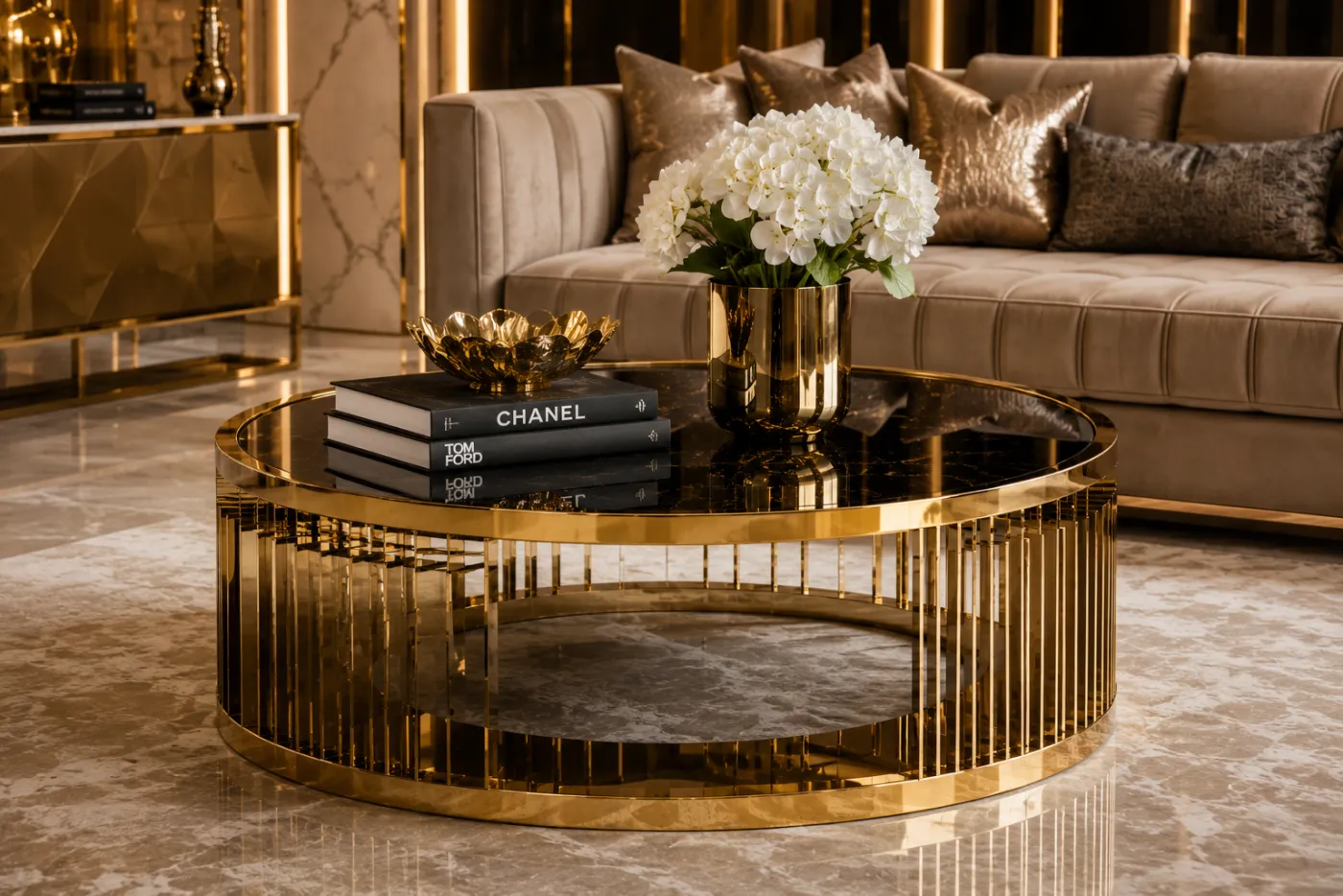 Centre table, chair and console metal frames in a gold PVD finish